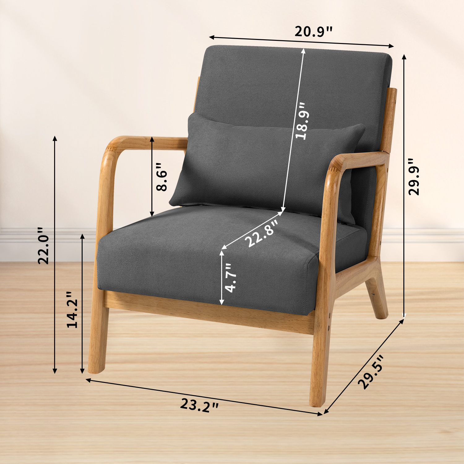 Leisure Chair with Solid Wood Armrest and Feet, Mid-Century Modern Accent Sofa,1 seat