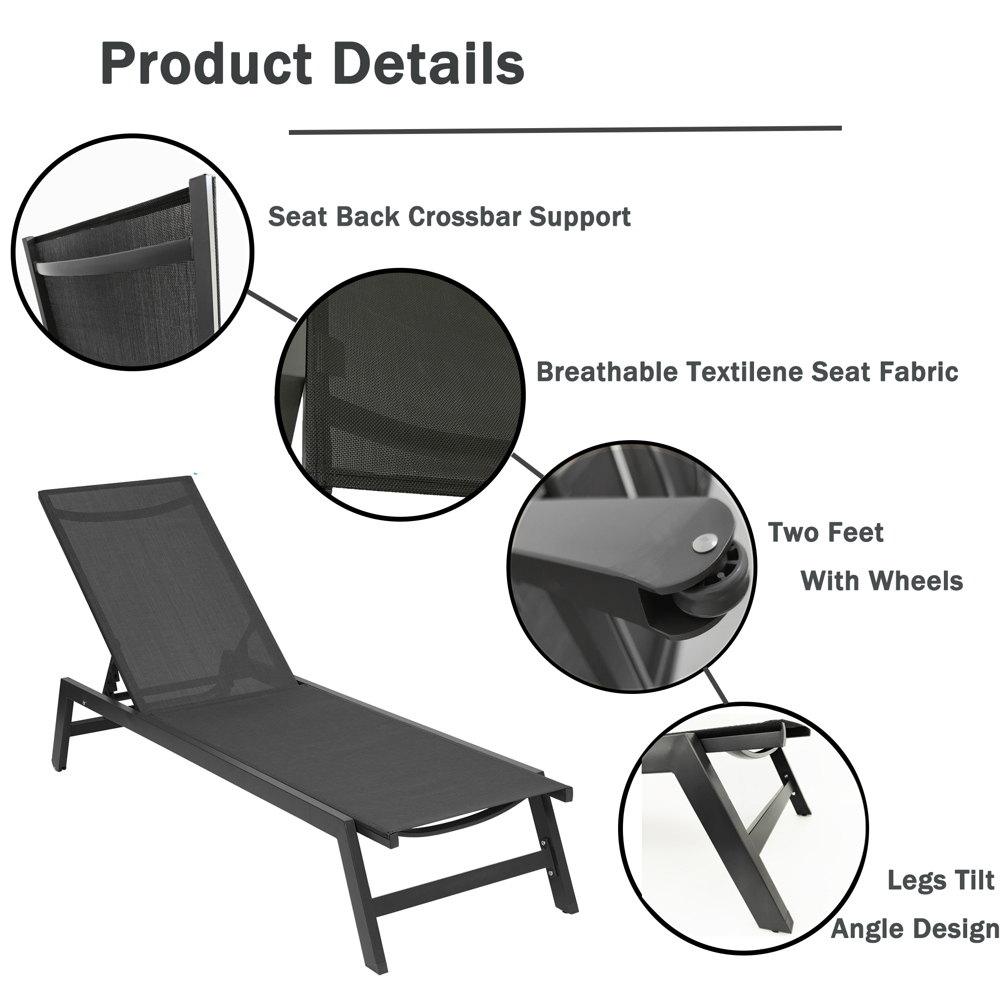 Outdoor 2-Pcs Set Chaise Lounge Chairs,Five-Position Adjustable Aluminum Recliner,All Weather for Patio,Beach,Yard,Pool ( Grey Frame/ Black fabric) Same as W419P147376