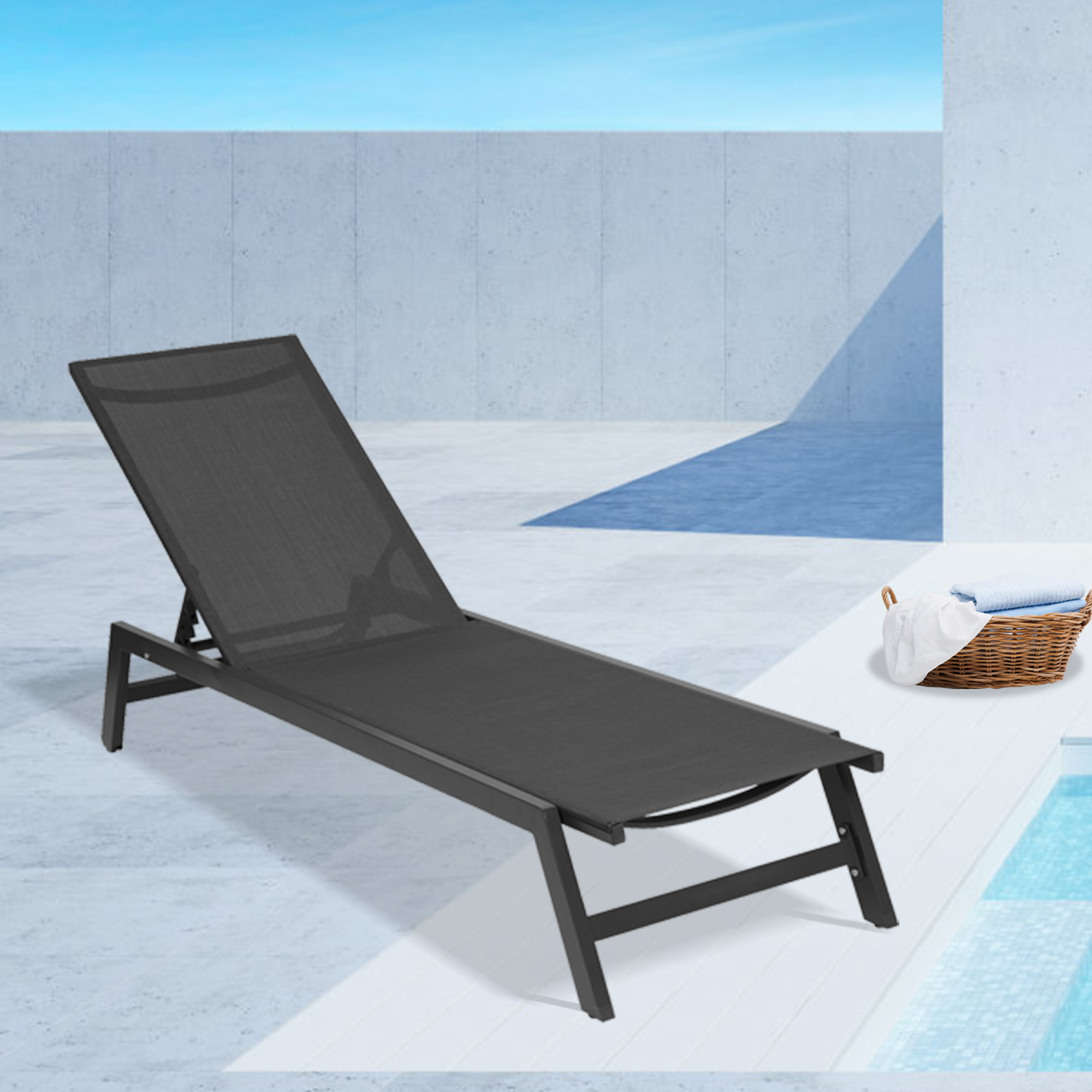 Outdoor Chaise Lounge Chair,Five-Position Adjustable Aluminum Recliner,All Weather For Patio,Beach,Yard, Pool(Grey Frame/Black Fabric) Same as W419P147374