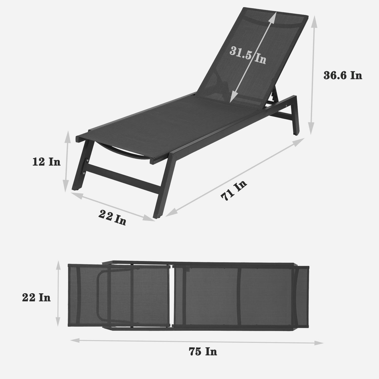 Outdoor 2-Pcs Set Chaise Lounge Chairs,Five-Position Adjustable Aluminum Recliner,All Weather for Patio,Beach,Yard,Pool ( Grey Frame/ Black fabric) Same as W419P147376