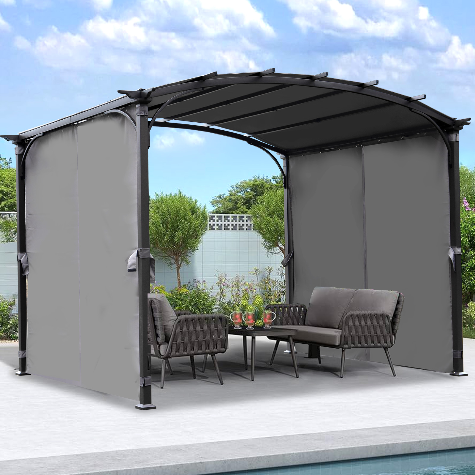 Patio Pergola 9 x 11ft Arched Gazebo with Waterproof Sun Shade Shelter Awning Steel Frame Grape Gazebo for Garden Backyard -Grey