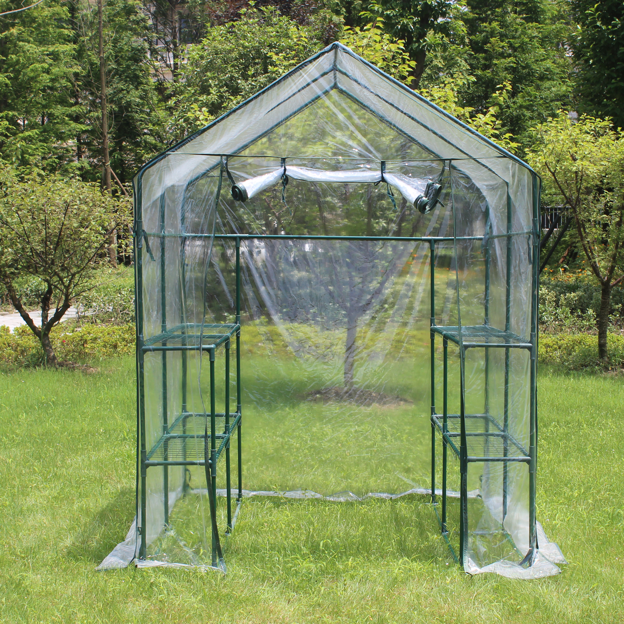 Outdoor 56" W x 56" D x 76" H Green House ,Walk-in Plant Gardening Greenhouse With 2 Tiers 8 Shelves(Transparent Cover)