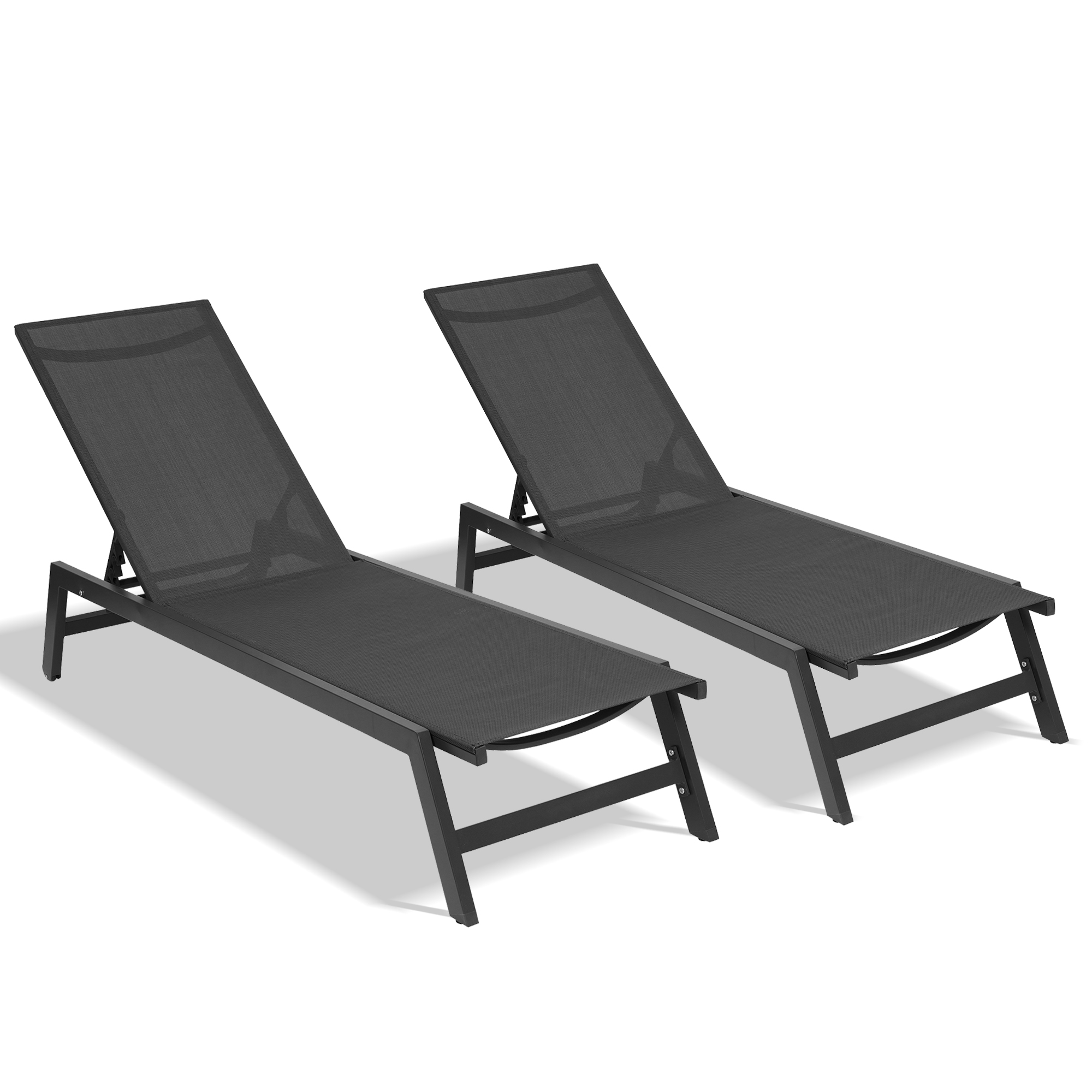 Outdoor 2-Pcs Set Chaise Lounge Chairs,Five-Position Adjustable Aluminum Recliner,All Weather for Patio,Beach,Yard,Pool ( Grey Frame/ Black fabric) Same as W419P147376