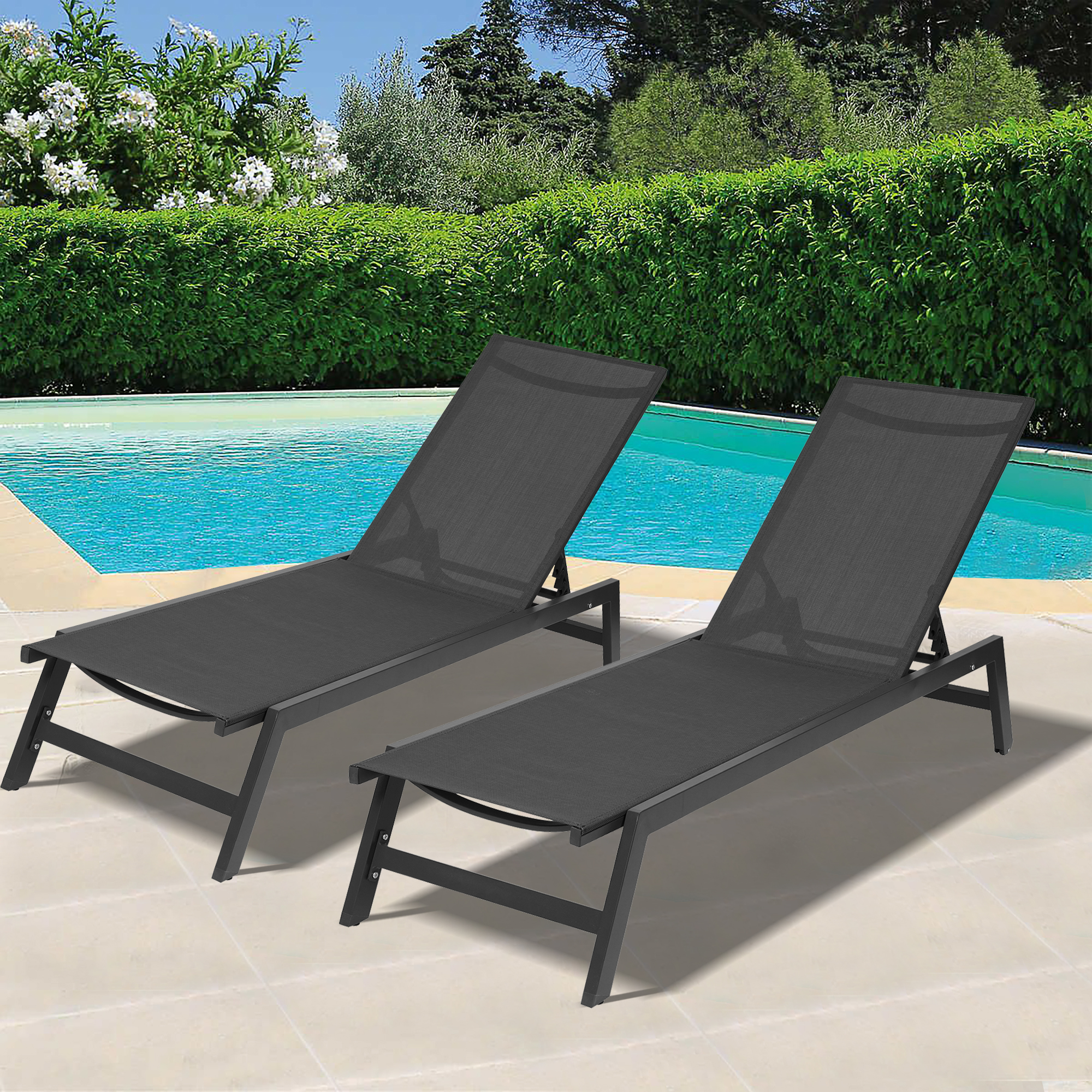 Outdoor 2-Pcs Set Chaise Lounge Chairs,Five-Position Adjustable Aluminum Recliner,All Weather for Patio,Beach,Yard,Pool ( Grey Frame/ Black fabric) Same as W419P147376