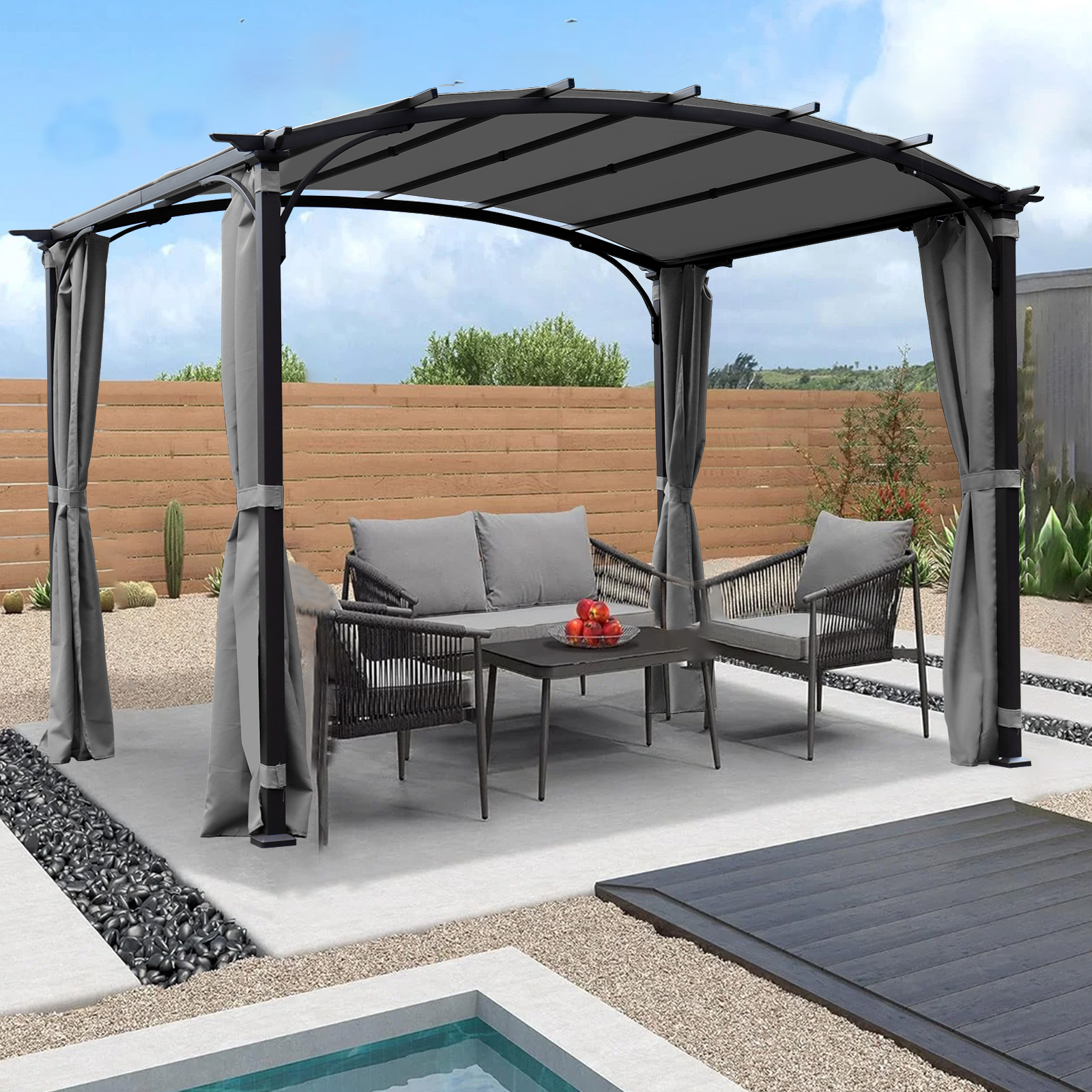 Patio Pergola 9 x 11ft Arched Gazebo with Waterproof Sun Shade Shelter Awning Steel Frame Grape Gazebo for Garden Backyard -Grey