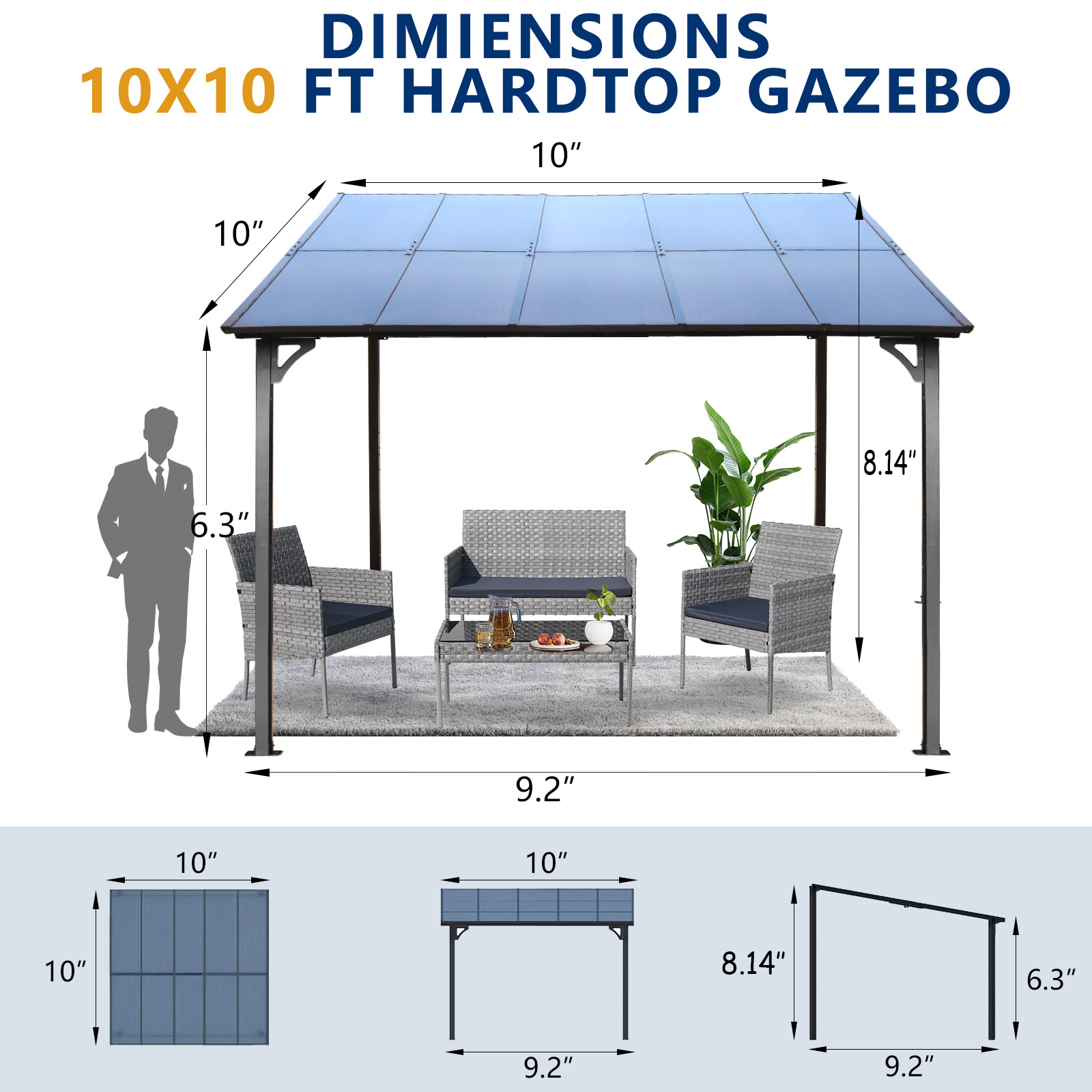 10' x 10' Outdoor Pergola Gazebo,Wall-Mounted Lean to Metal Awning Gazebo with Roof,Large Heavy Duty for Patio,Decks,Backyard