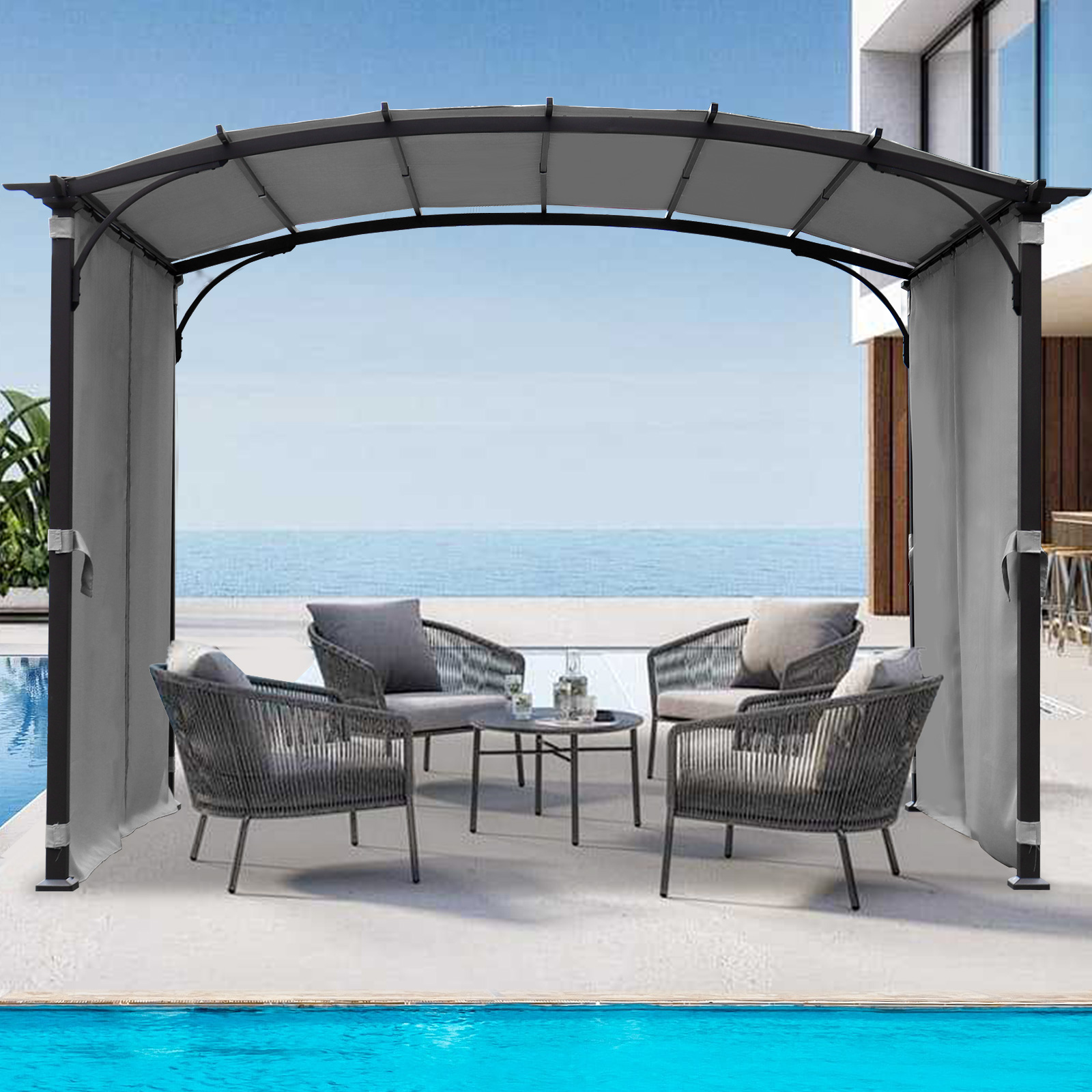 Patio Pergola 9 x 11ft Arched Gazebo with Waterproof Sun Shade Shelter Awning Steel Frame Grape Gazebo for Garden Backyard -Grey