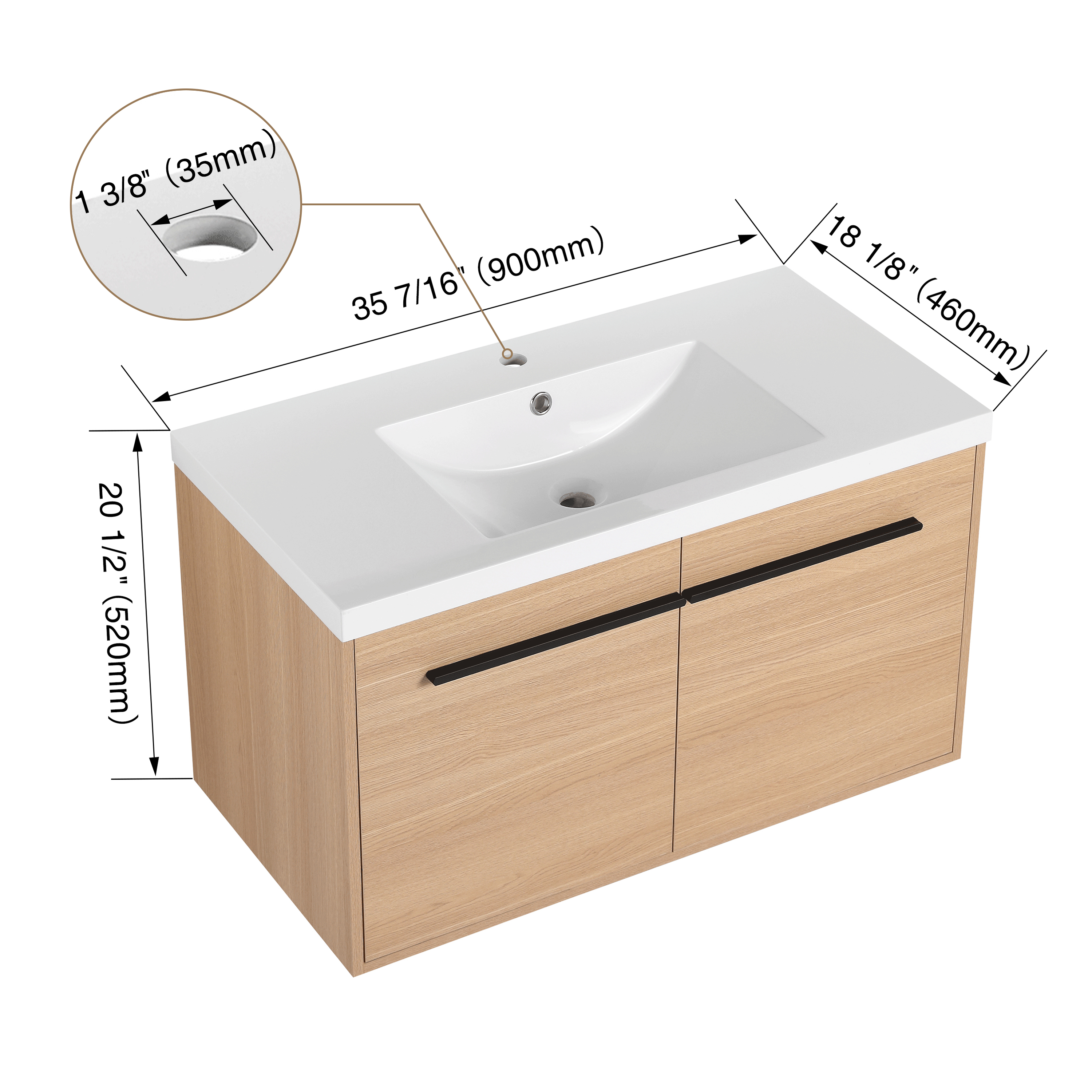 LEVISTAR Oak 36 Inch Bathroom Vanity with resin Countertop Sink,  2 Doors Bathroom Cabinet Set