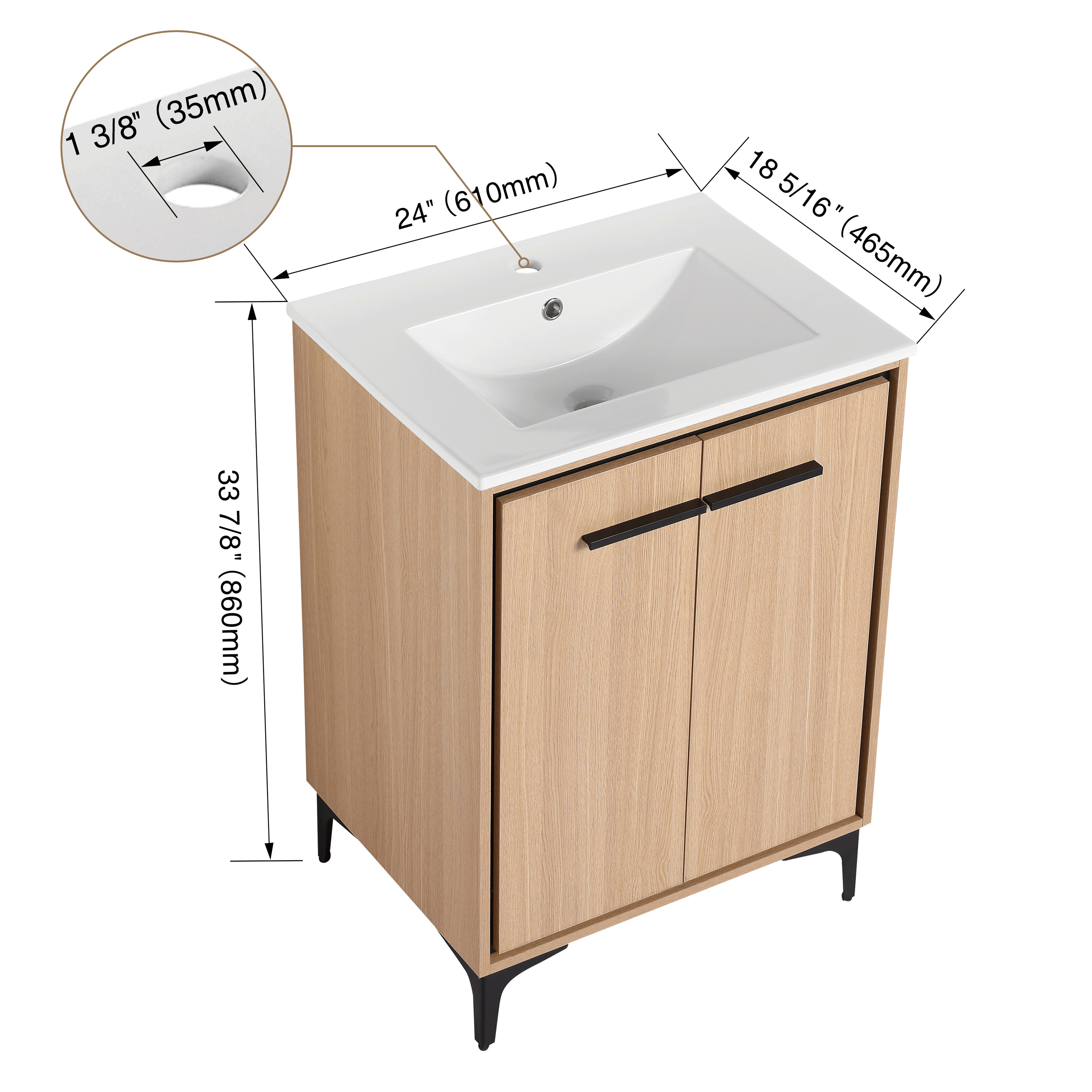 24 Inch Bathroom Vanity Base with basin, Storage Cabinet with Doors, Engineered Wood