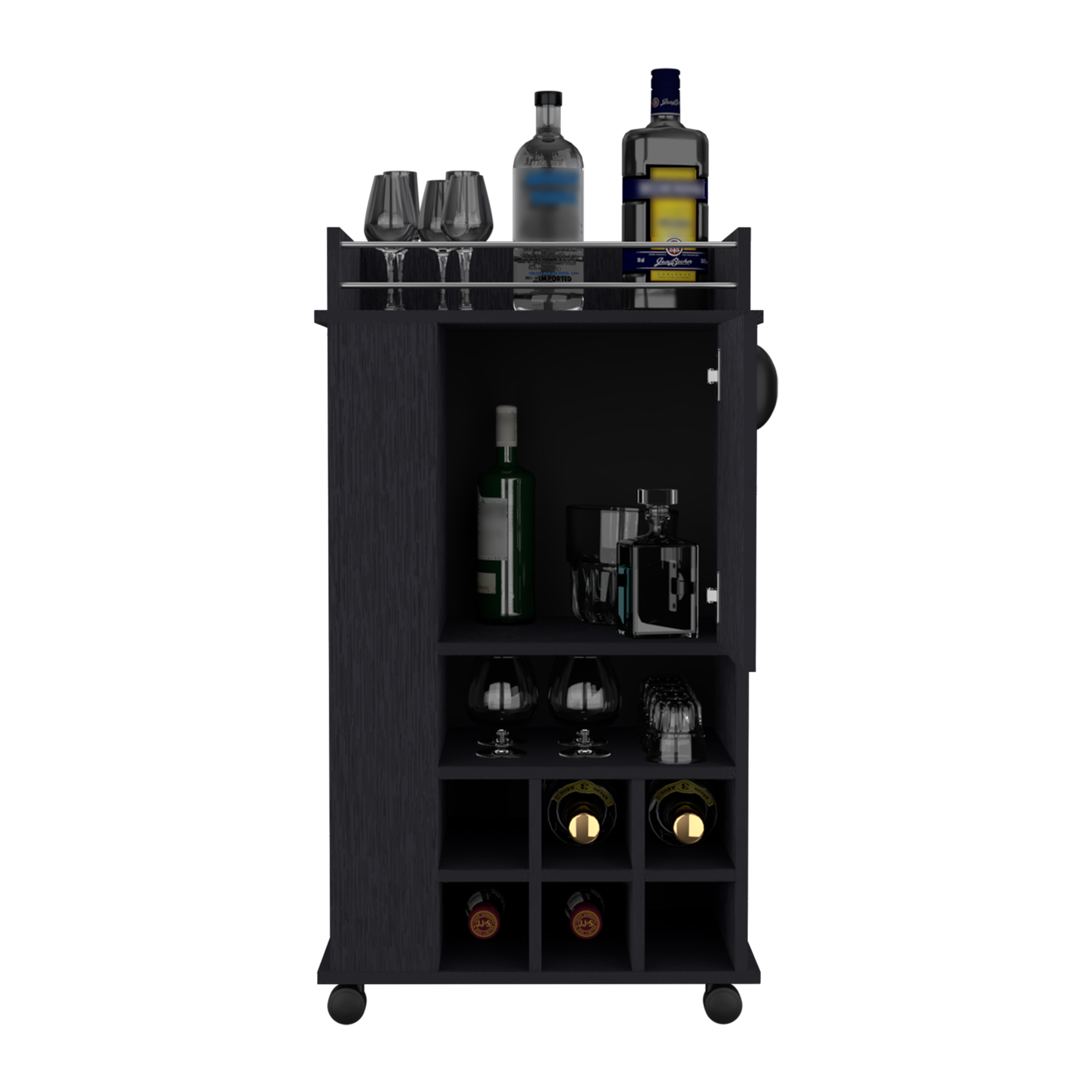 Bar Cart with Casters Reese, Six Wine Cubbies and Single Door, Black Wengue Finish