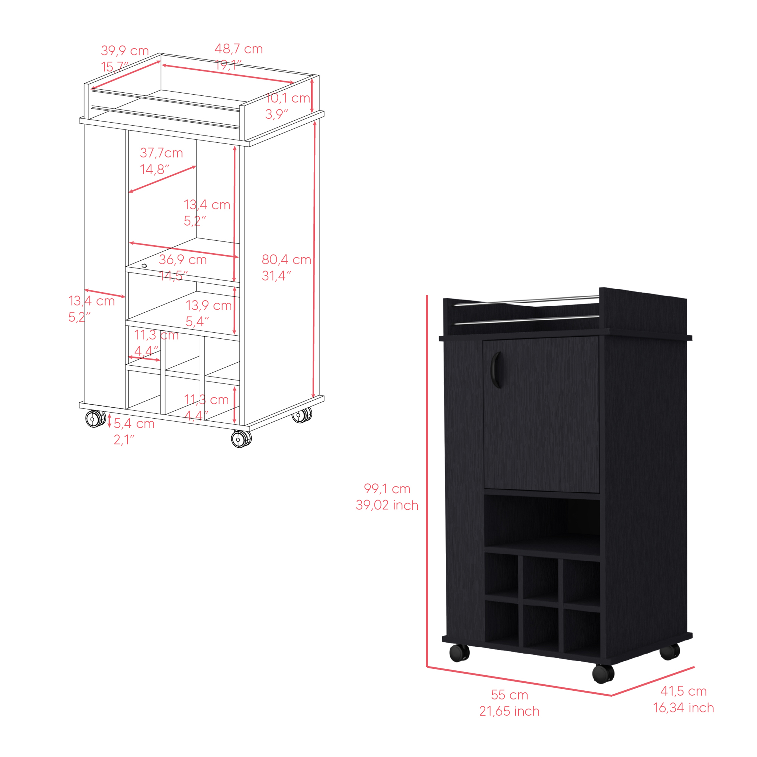 Bar Cart with Casters Reese, Six Wine Cubbies and Single Door, Black Wengue Finish