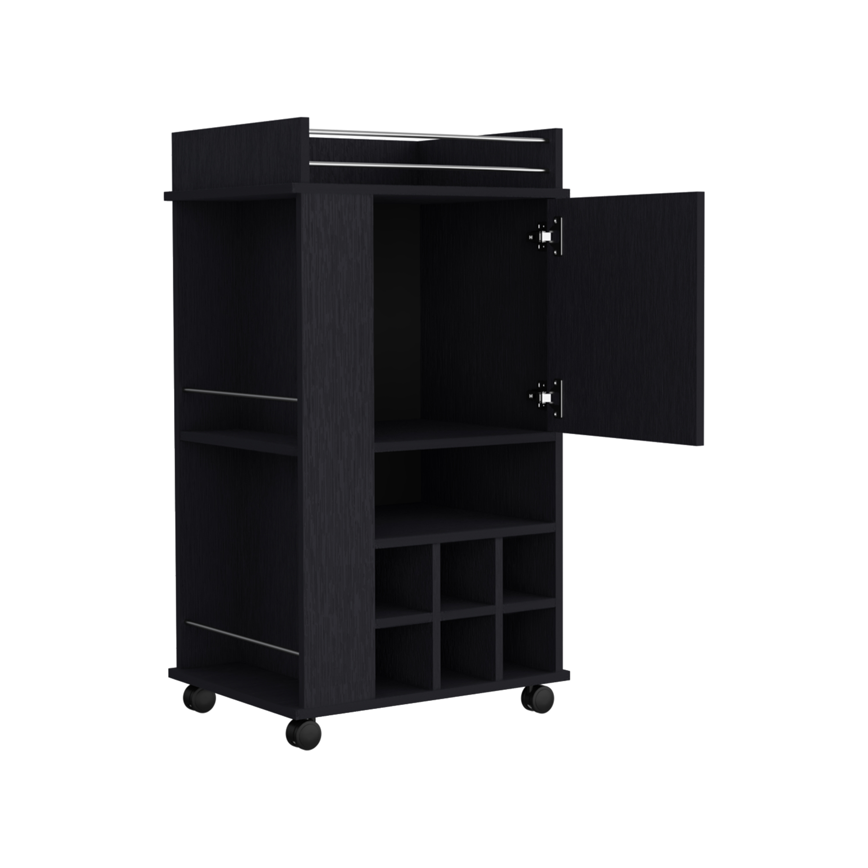 Bar Cart with Casters Reese, Six Wine Cubbies and Single Door, Black Wengue Finish