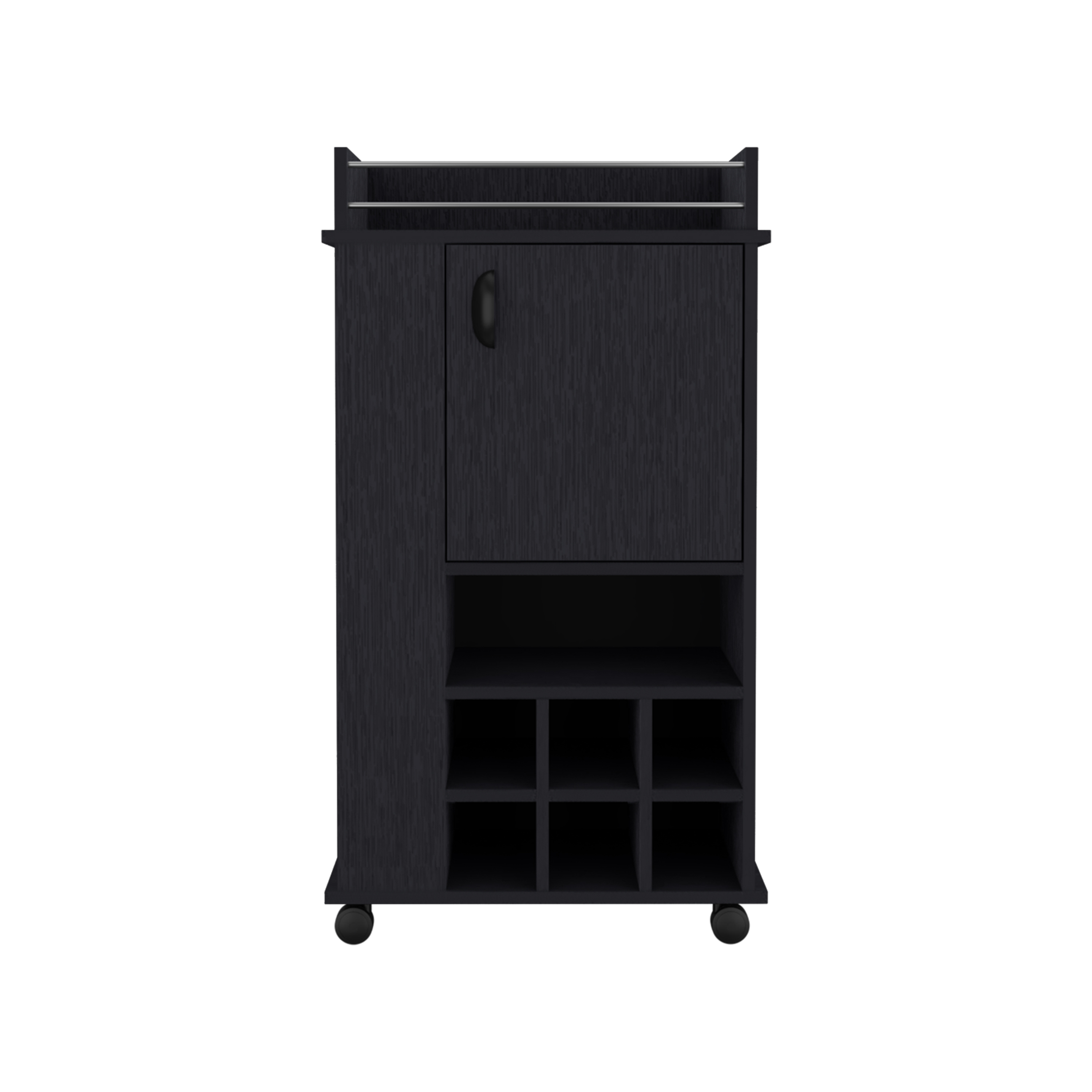 Bar Cart with Casters Reese, Six Wine Cubbies and Single Door, Black Wengue Finish