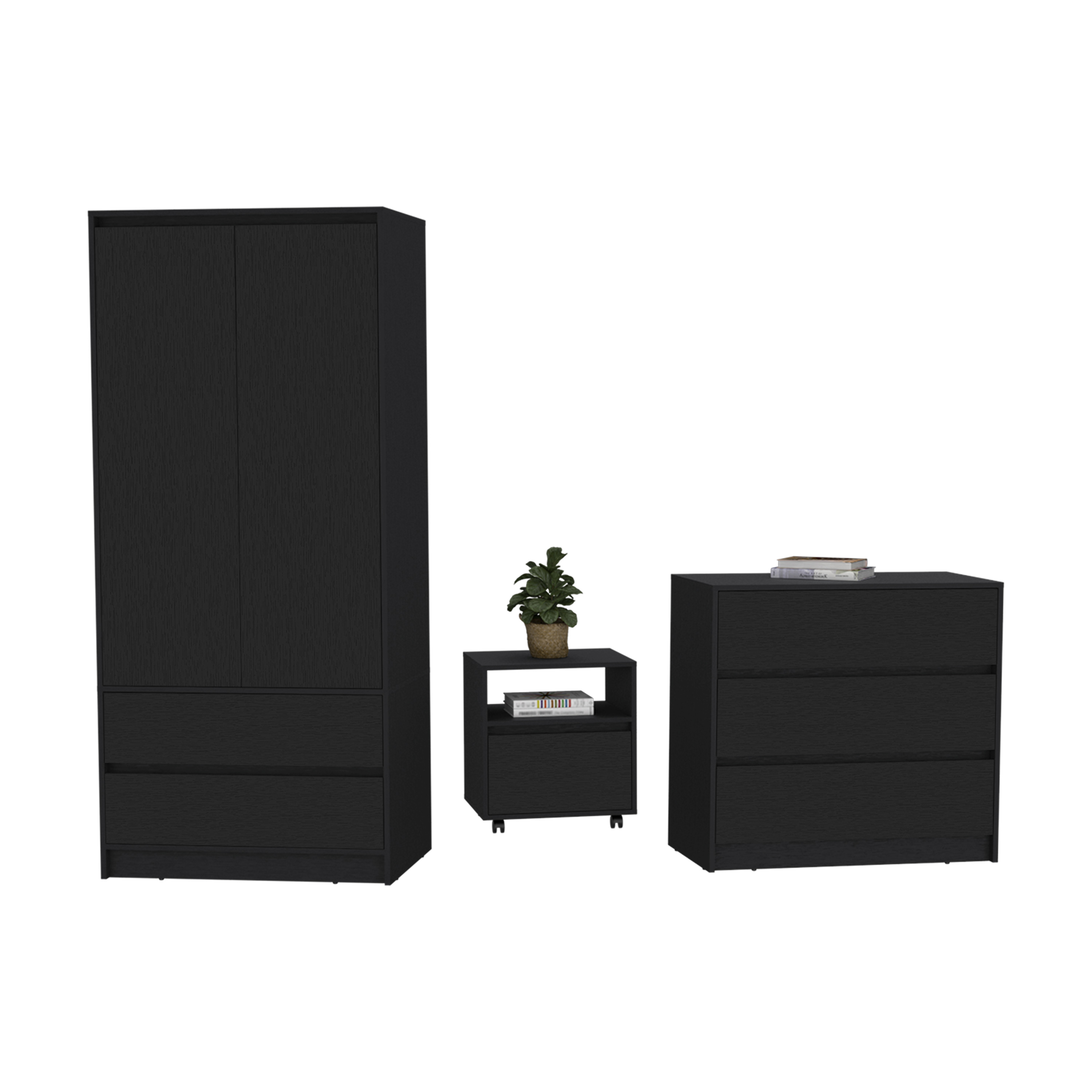 Beloit 3 Piece Bedroom Set, Nightstand + Dresser+ Armoire, Black