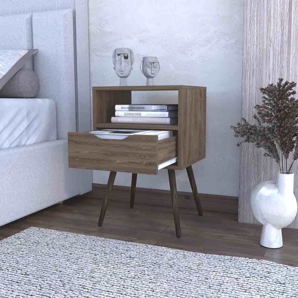 Nightstand  Fugaz, Open Shelf, Single Drawer, Dark Walnut Finish