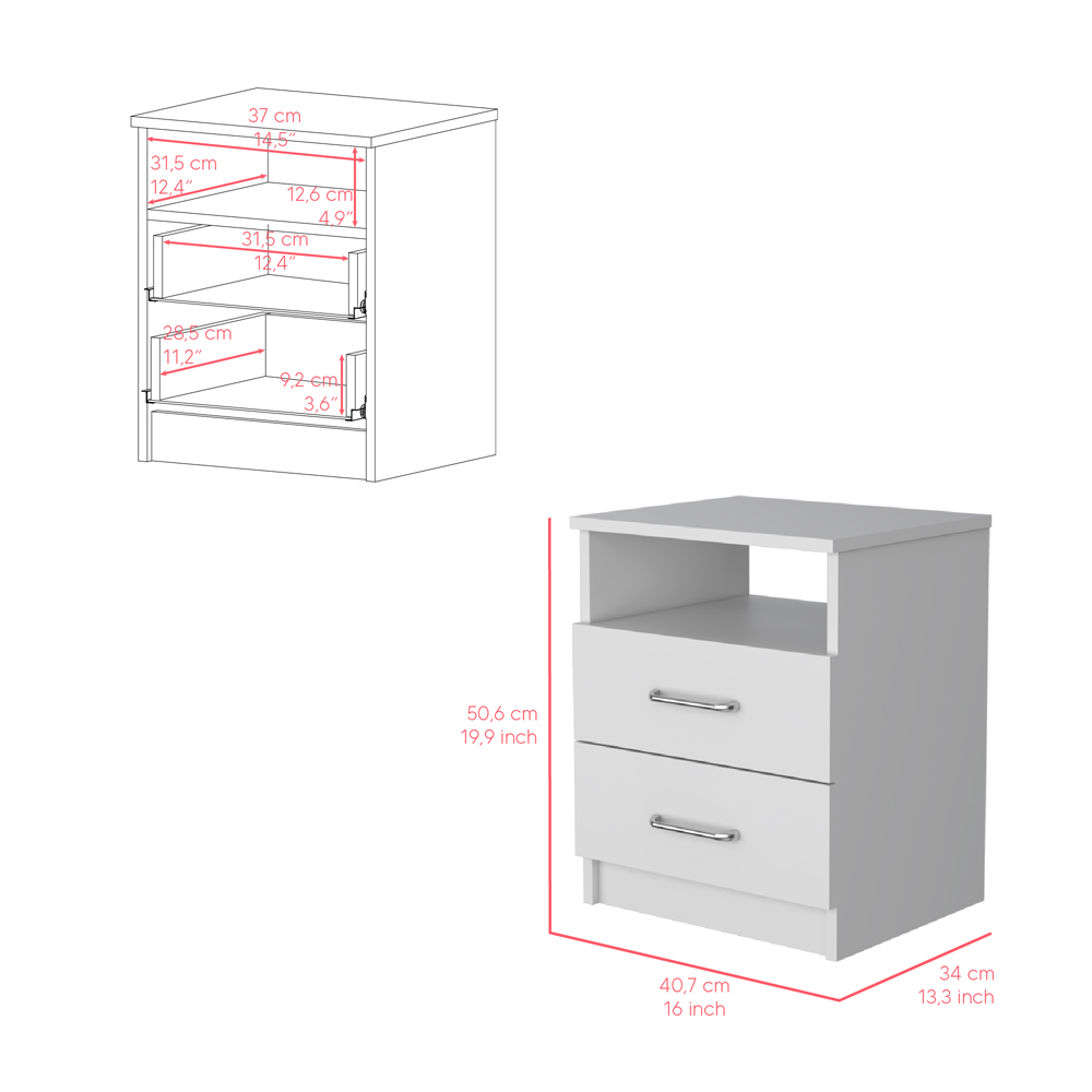 Nightstand Olienza, Two Drawers, One Shelf, White Finish