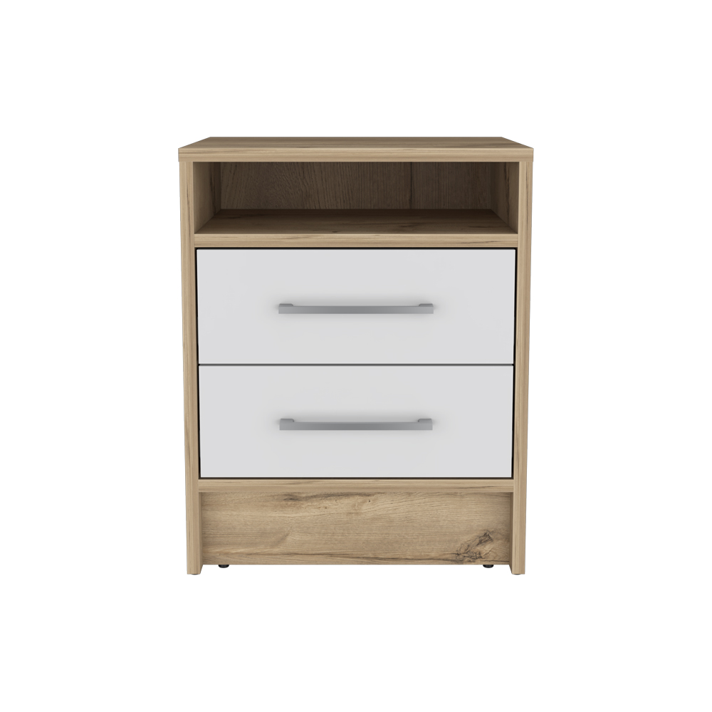 Nightstand Cartiz, Two Drawers, White / Light Oak Finish