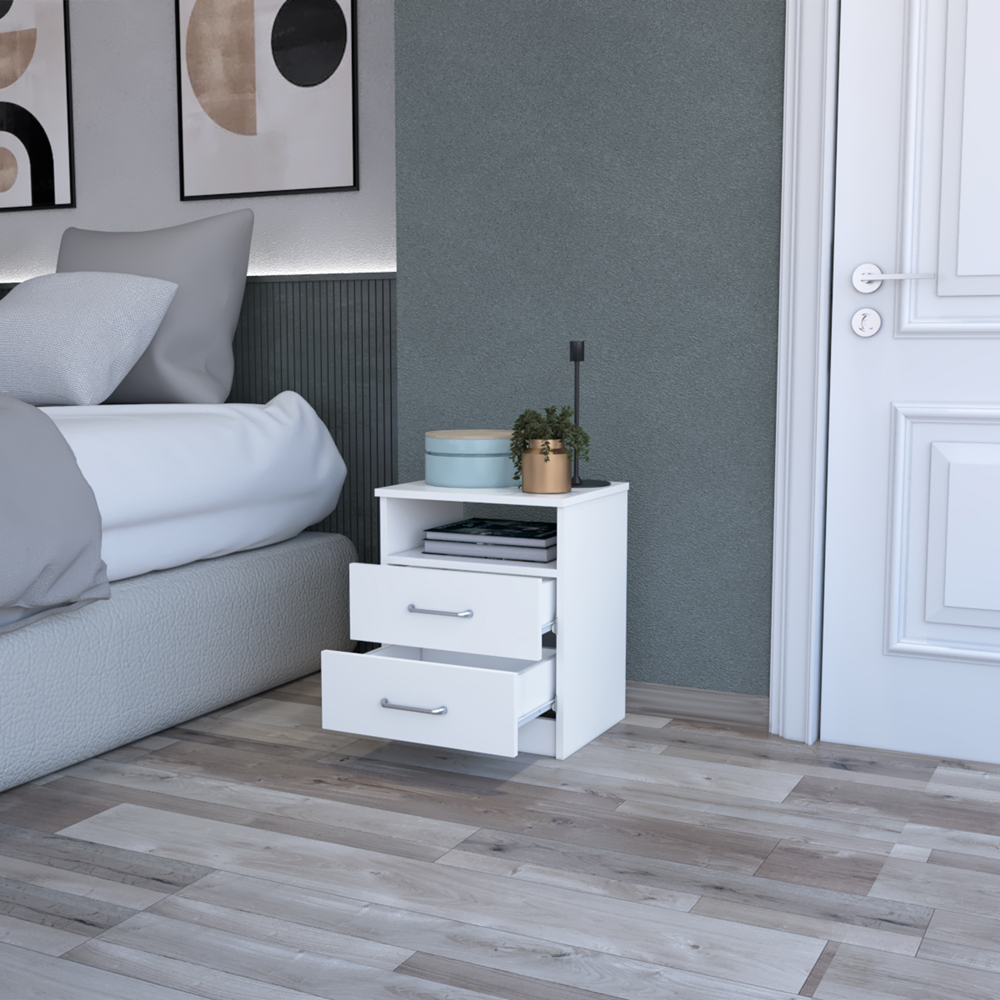 Nightstand Olienza, Two Drawers, One Shelf, White Finish