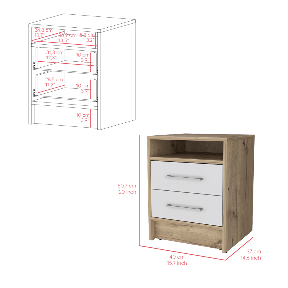 Nightstand Cartiz, Two Drawers, White / Light Oak Finish