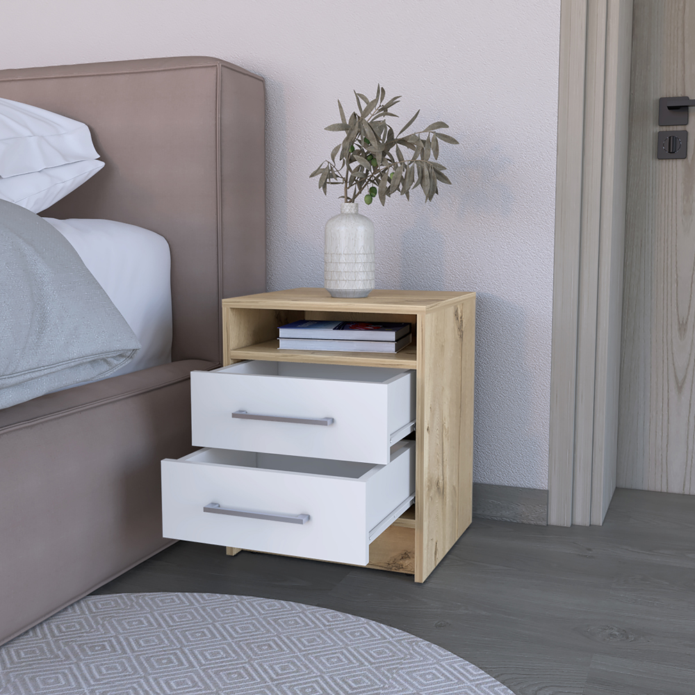 Nightstand Cartiz, Two Drawers, White / Light Oak Finish