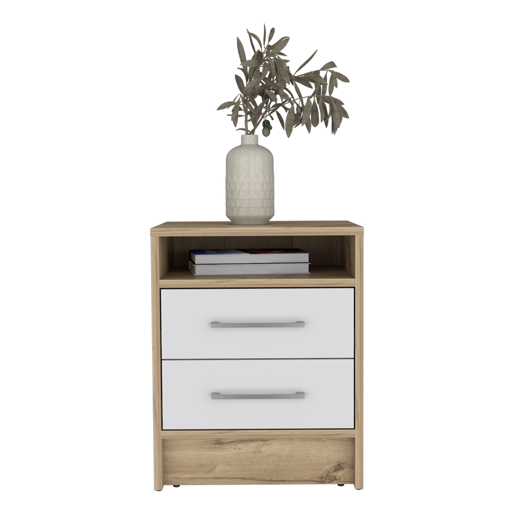 Nightstand Cartiz, Two Drawers, White / Light Oak Finish