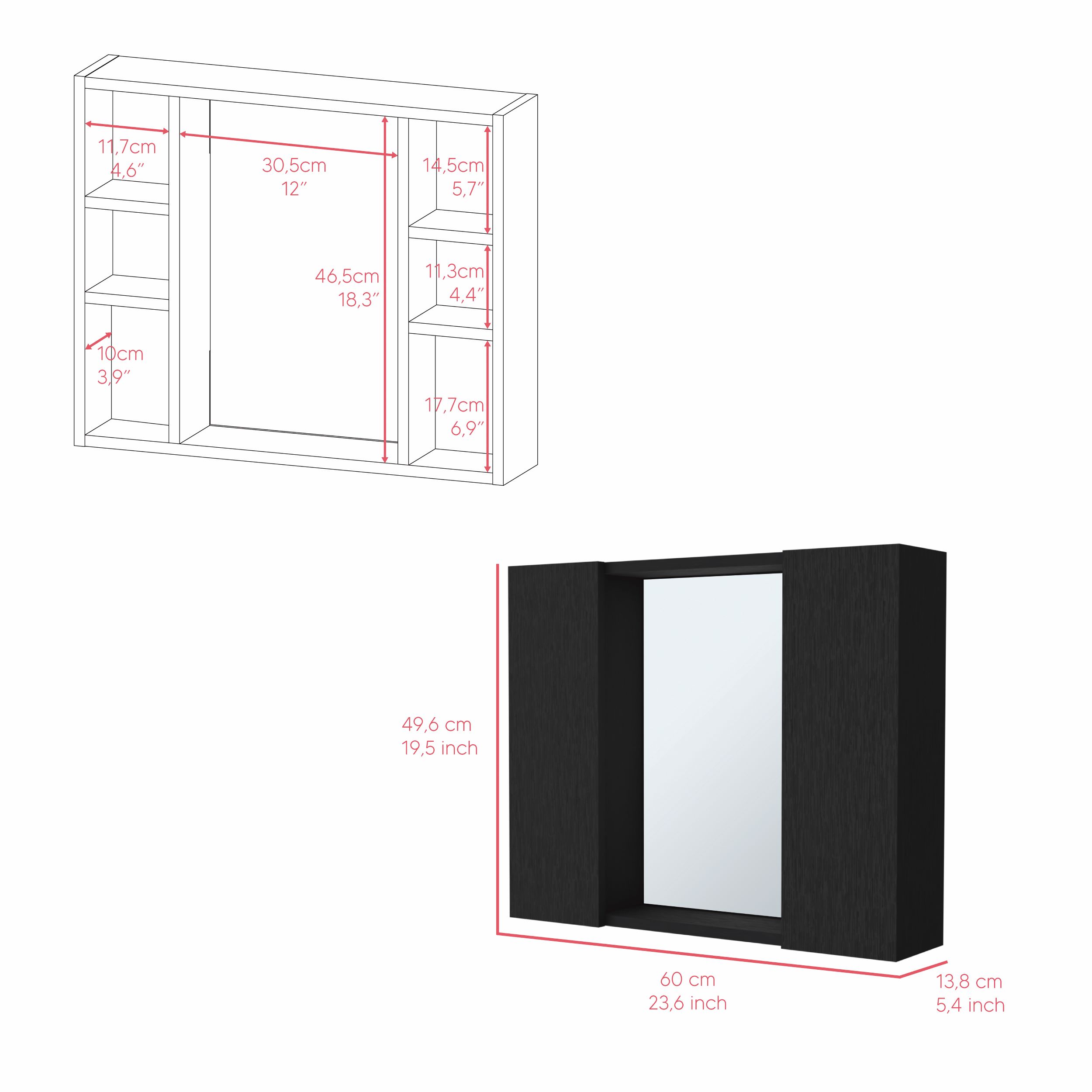 Medicine Cabinet Hops, Double Door, Mirror, One External Shelf, Black Wengue Finish