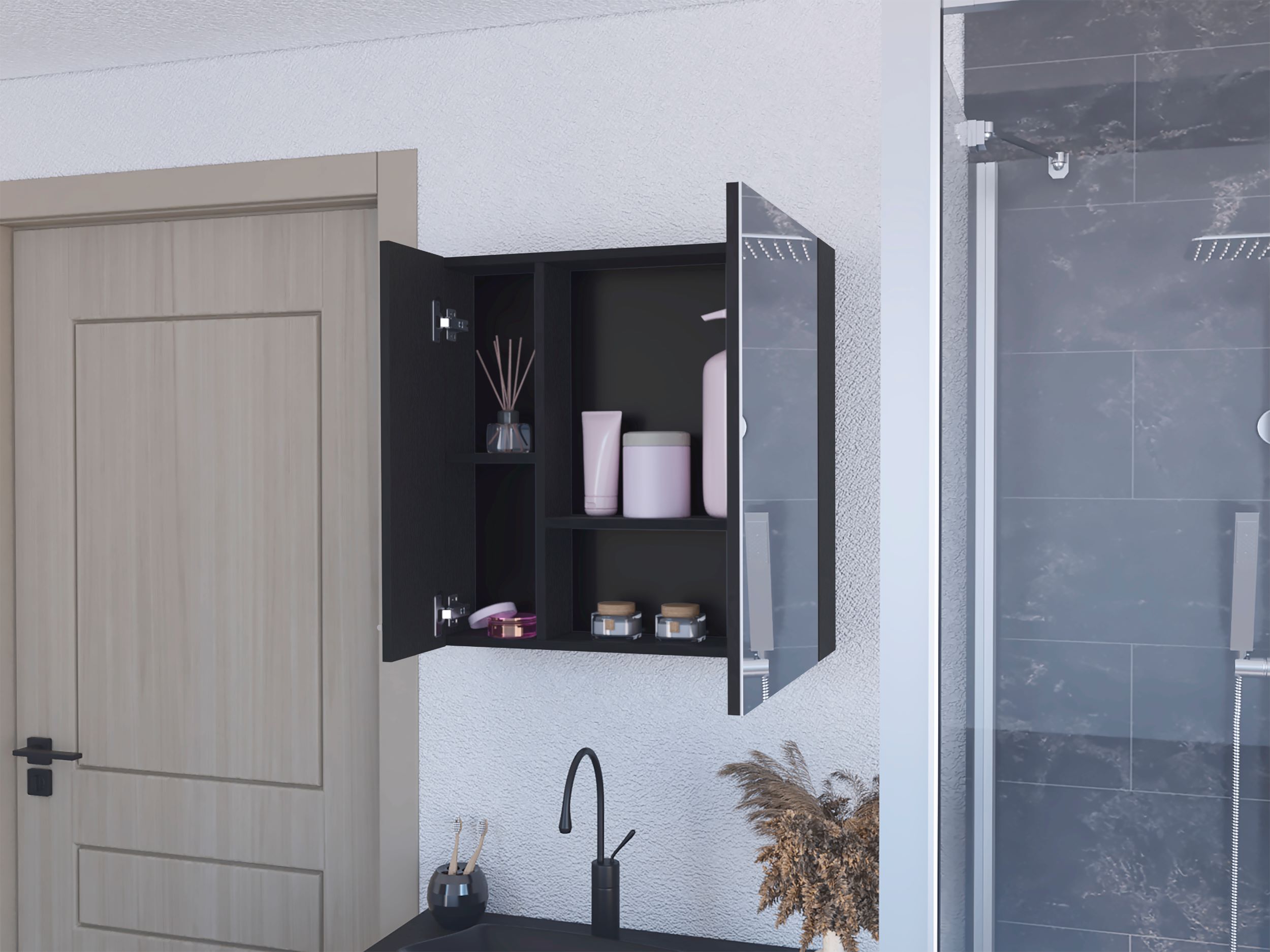 Medicine Cabinet Prague, Four Internal Shelves, Single Door, Black Wengue Finish