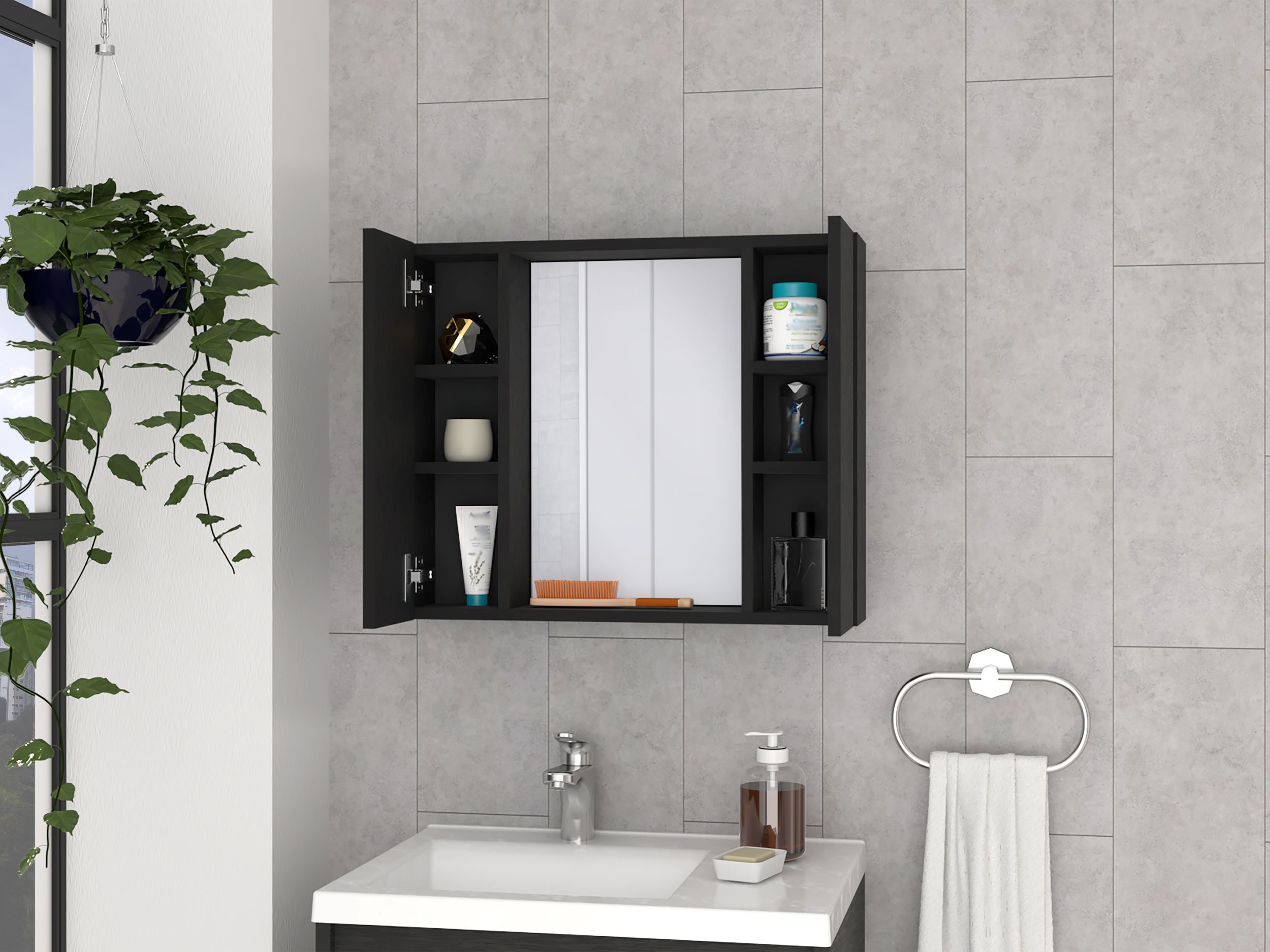 Medicine Cabinet Hops, Double Door, Mirror, One External Shelf, Black Wengue Finish