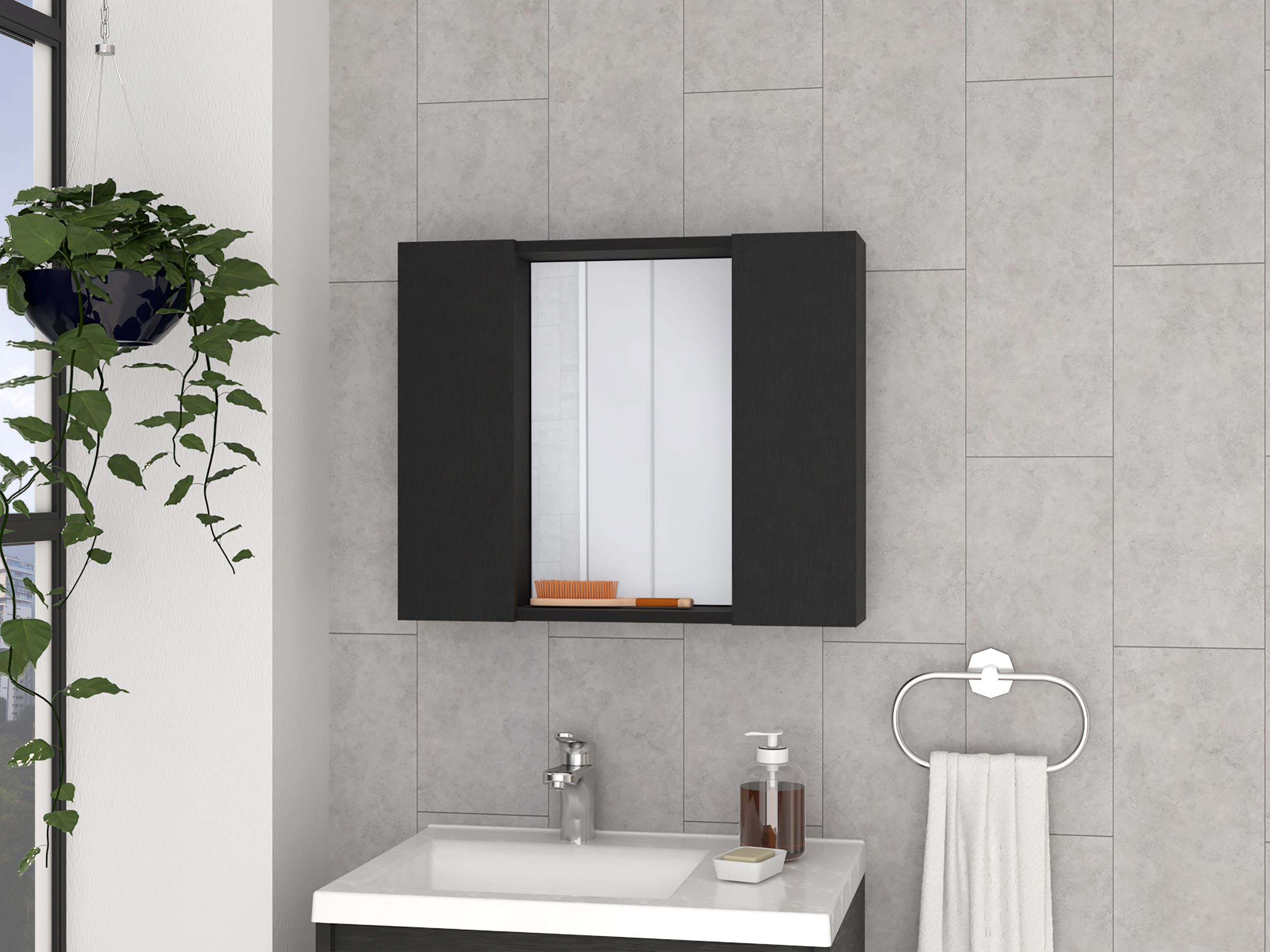 Medicine Cabinet Hops, Double Door, Mirror, One External Shelf, Black Wengue Finish