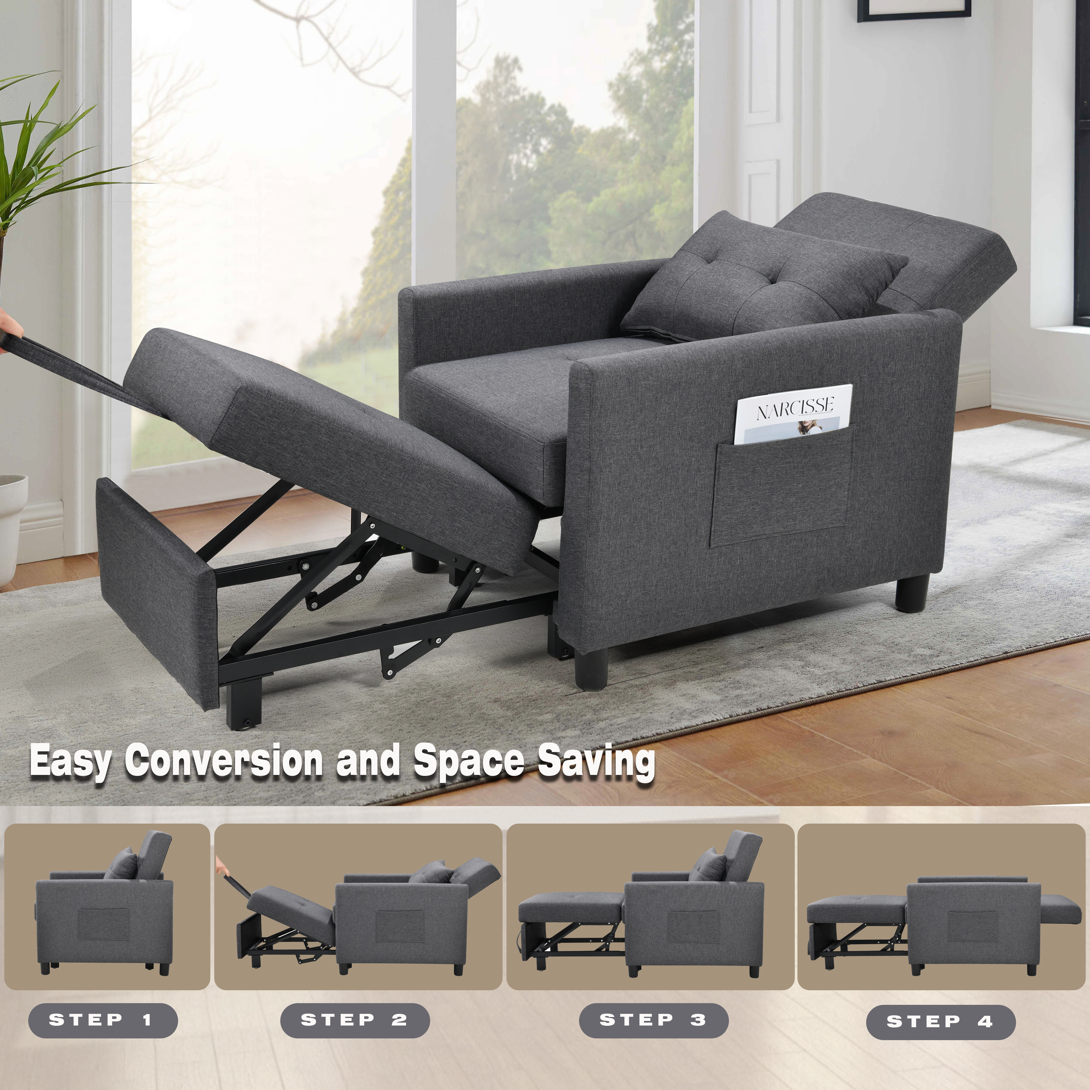 3-in-1 Convertible Futon Sofa Bed with Adjustable Backrest, Single Sofa Bed with Pull Out Sleeper, Convertible Futon Chair for Living Room, Side Bag and 1 Lumbar Pillow,Dark Gray