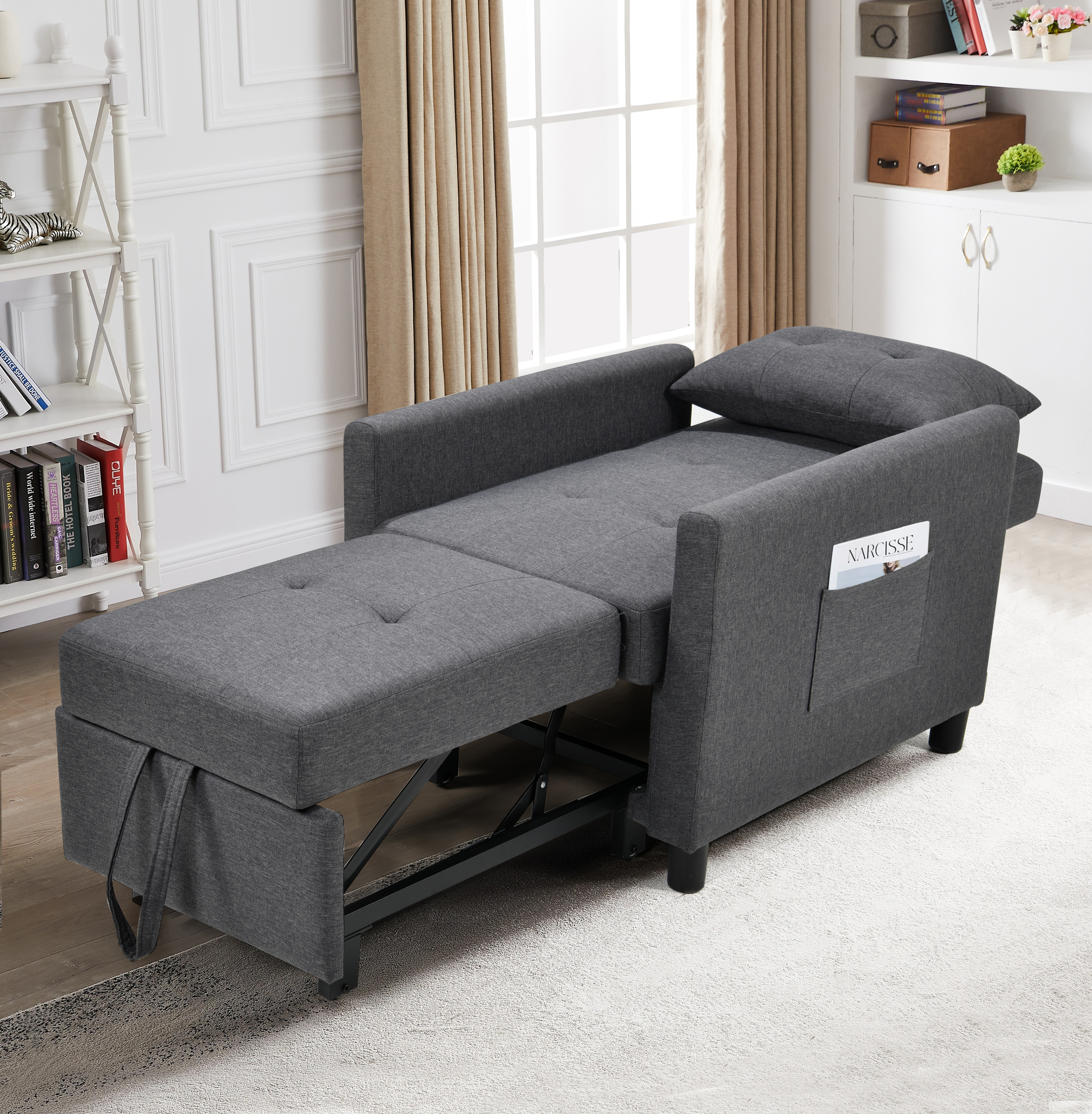 3-in-1 Convertible Futon Sofa Bed with Adjustable Backrest, Single Sofa Bed with Pull Out Sleeper, Convertible Futon Chair for Living Room, Side Bag and 1 Lumbar Pillow,Dark Gray