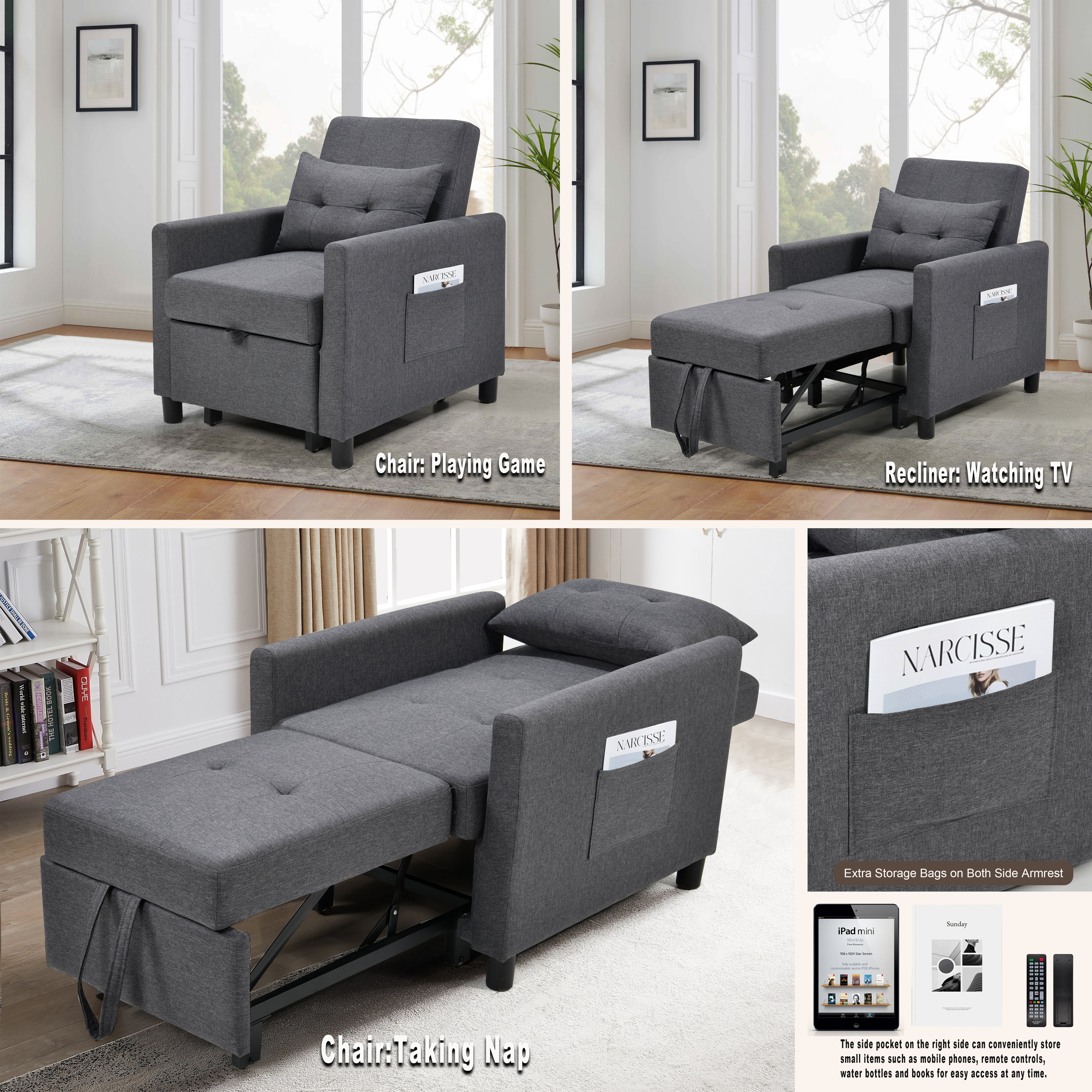 3-in-1 Convertible Futon Sofa Bed with Adjustable Backrest, Single Sofa Bed with Pull Out Sleeper, Convertible Futon Chair for Living Room, Side Bag and 1 Lumbar Pillow,Dark Gray