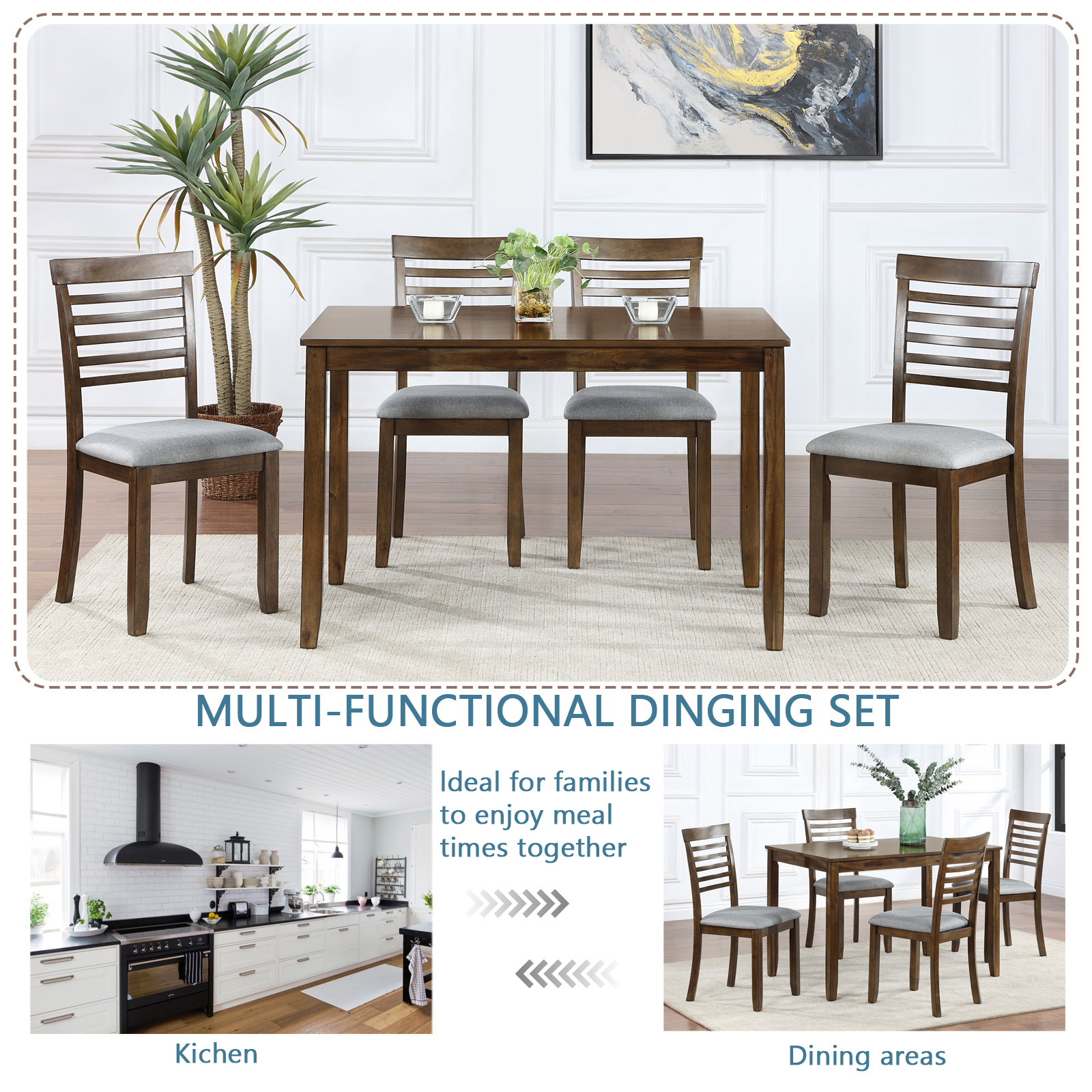 Wooden Dining Rectangular Table set for 4,Kitchen Dining Table for Small Space,Walnut