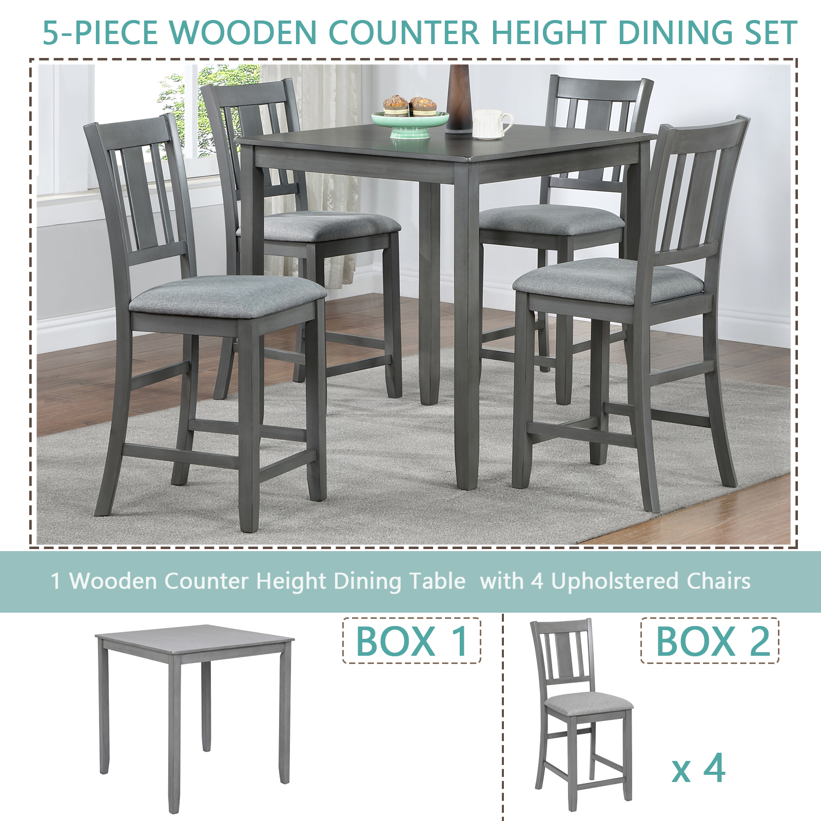 5 Piece Dining Table Set, Wooden Dining Square Table Set for 4, Counter Height Kitchen Table Set with Square Table and 4 Upholstered Chairs for Small Space, Gray