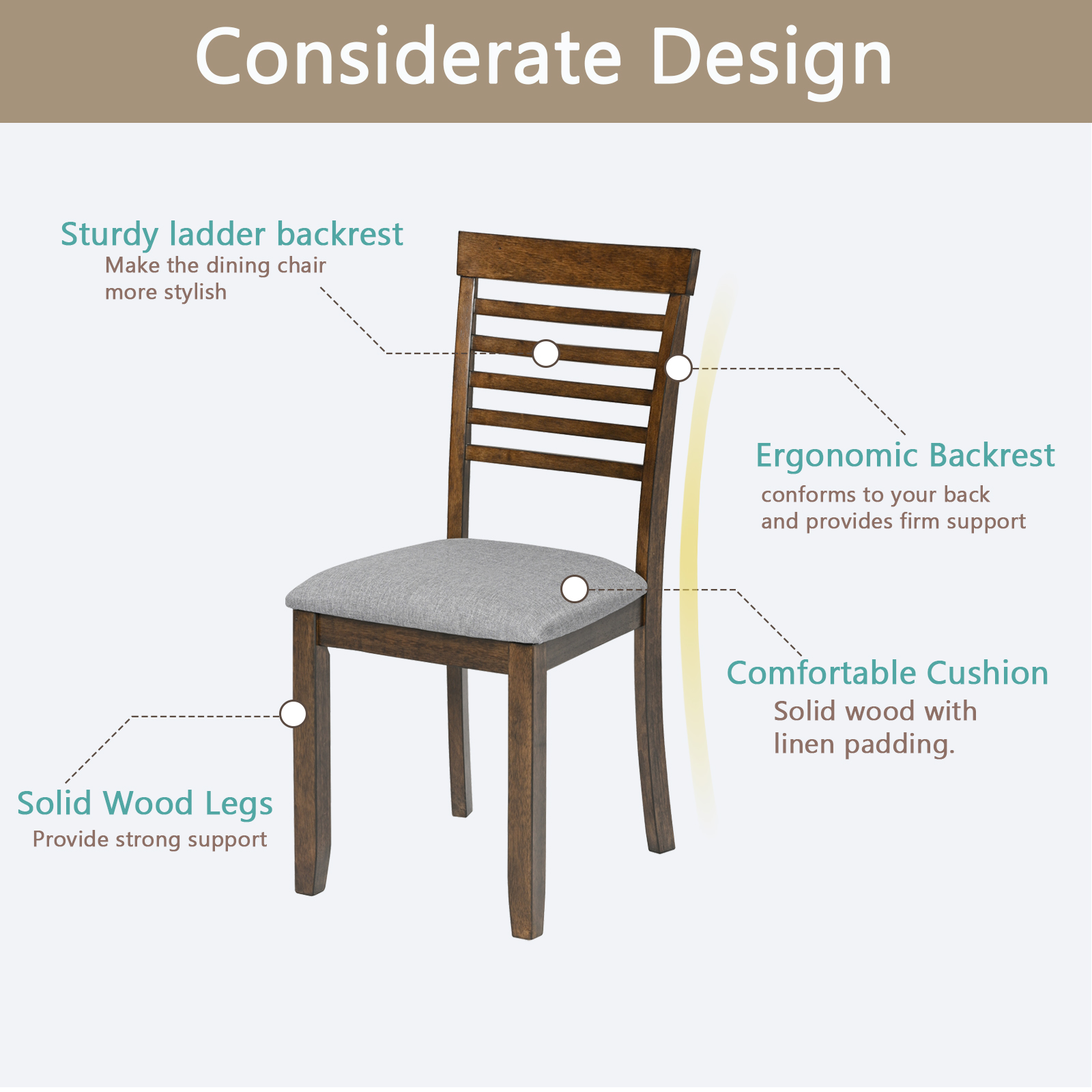 Dining Chairs set for 4,Kitchen Chair with Padded Seat, Side Chair for Dining Room, Walnut