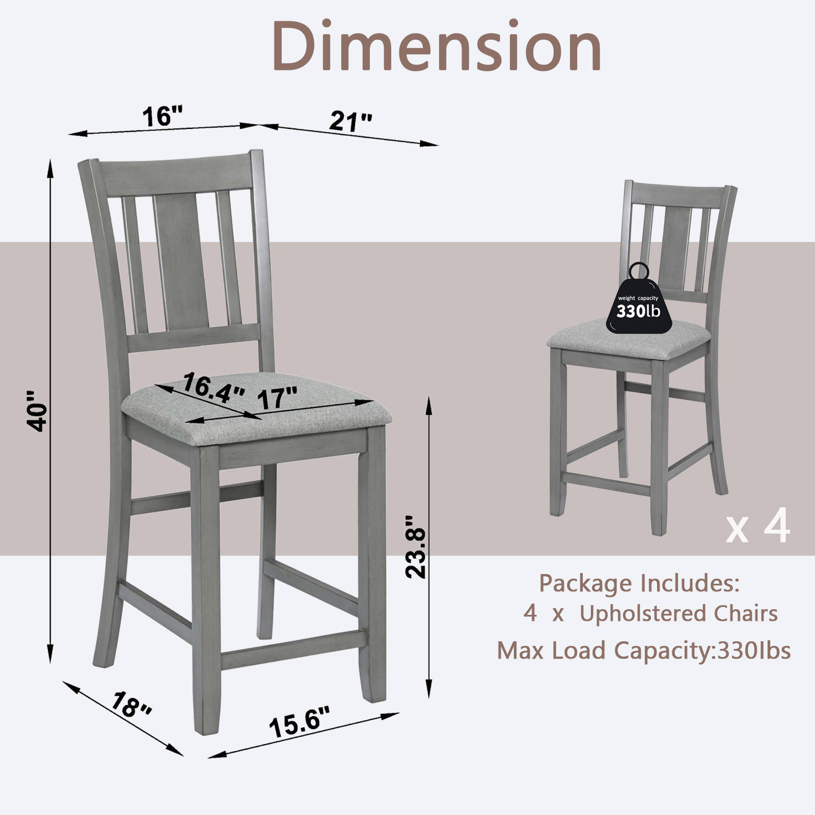 Counter Height Chairs set for 4, Kitchen Chair with Padded Seat, Counter Height Barstool for Dining Room, Gray