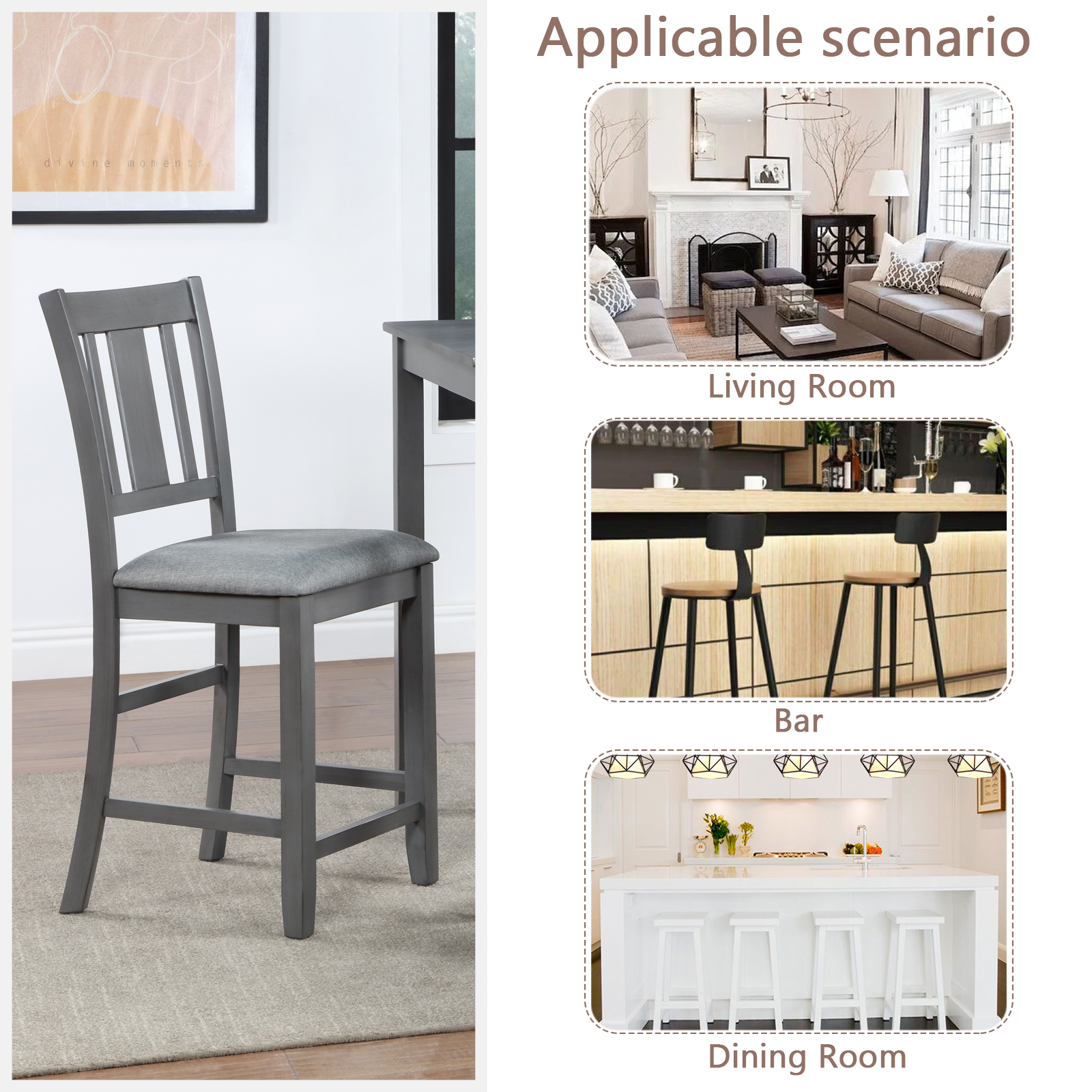 Counter Height Chairs set for 4, Kitchen Chair with Padded Seat, Counter Height Barstool for Dining Room, Gray