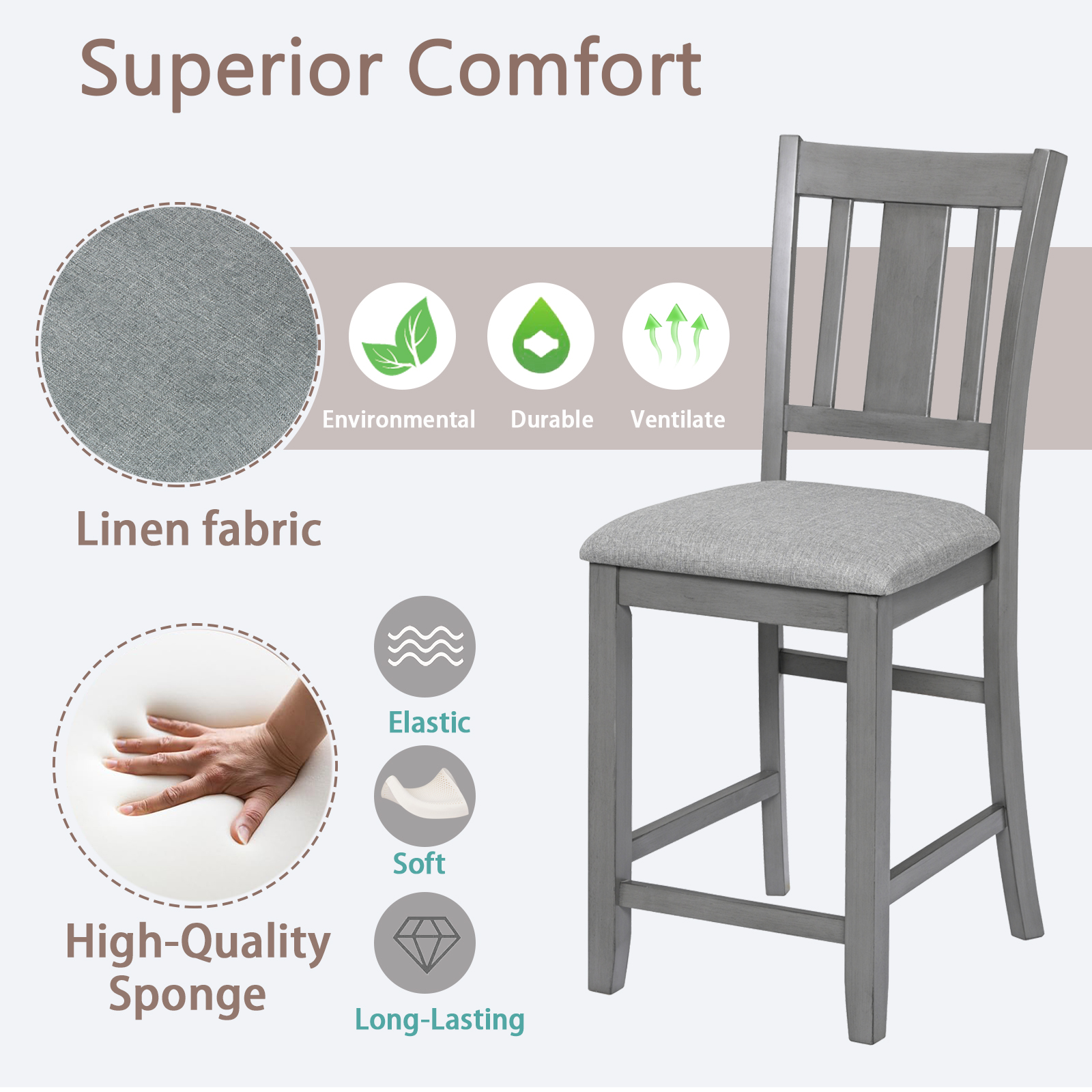 Counter Height Chairs set for 4, Kitchen Chair with Padded Seat, Counter Height Barstool for Dining Room, Gray