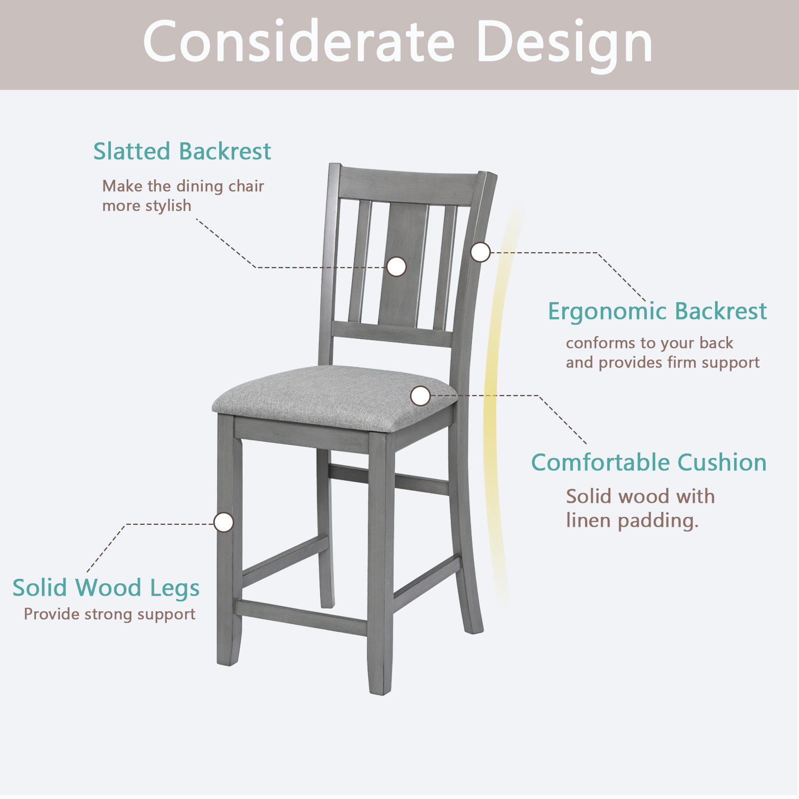 Counter Height Chairs set for 4, Kitchen Chair with Padded Seat, Counter Height Barstool for Dining Room, Gray