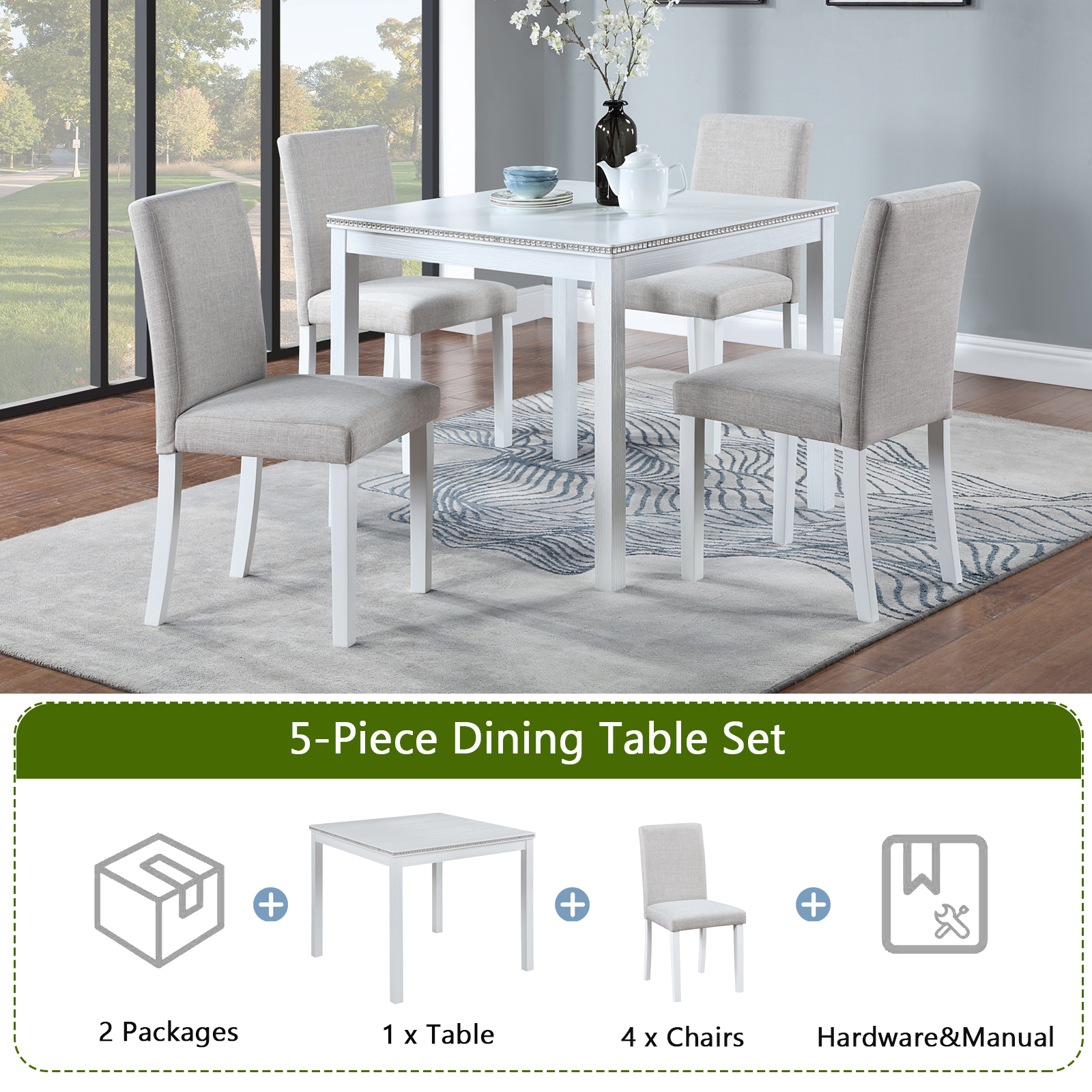 5 Piece Wooden Dining Table Set, Kitchen Table Set with a Square Table and 4 Upholstered Chairs, Wooden Dining Room Table with Crystal Decoration and Chairs Set for Kitchen, Dining Room, White