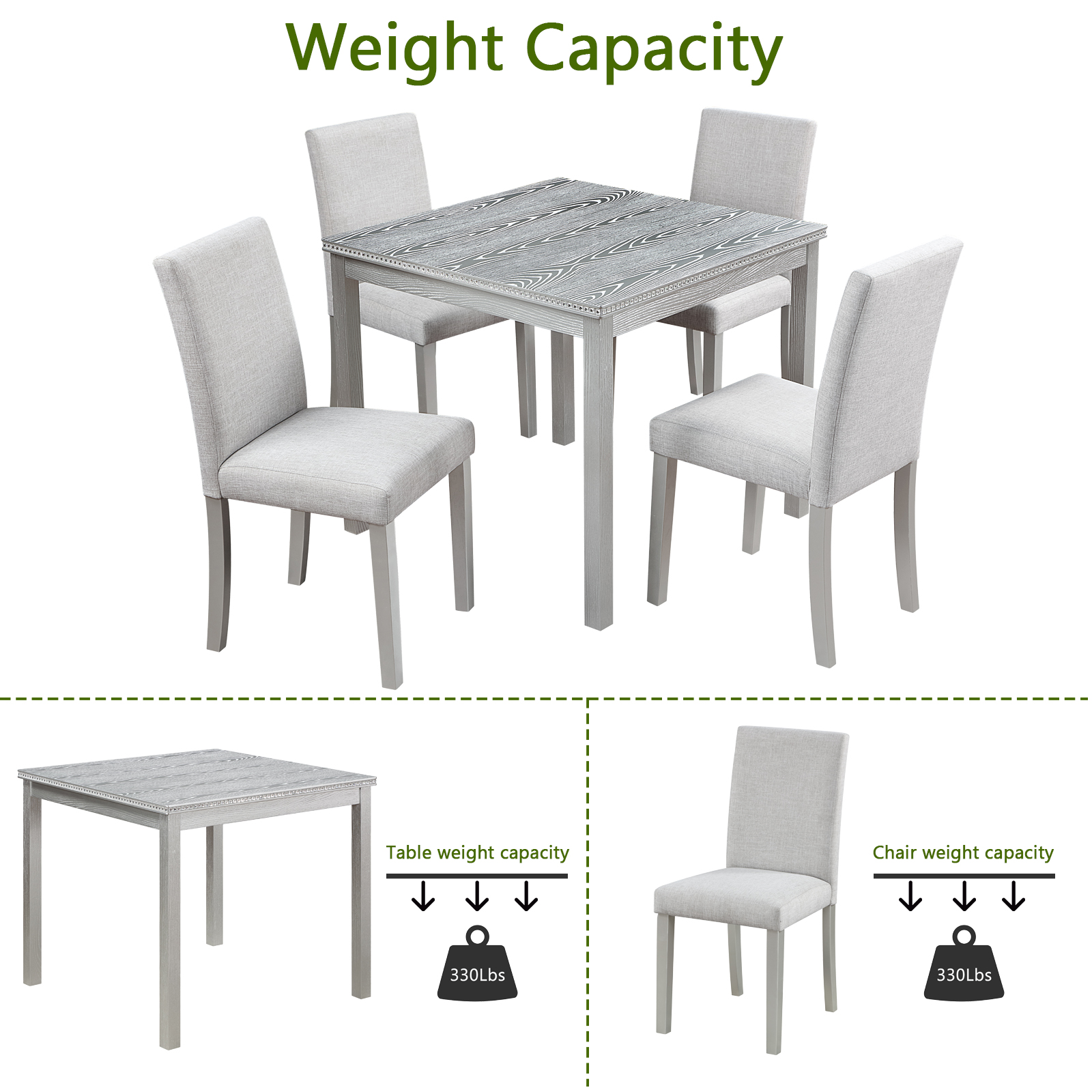 5 Piece Wooden Dining Table Set, Kitchen Table Set with a Square Table and 4 Upholstered Chairs, Wooden Dining Room Table with Crystal Decoration and Chairs Set for Kitchen, Dining Room, Gray