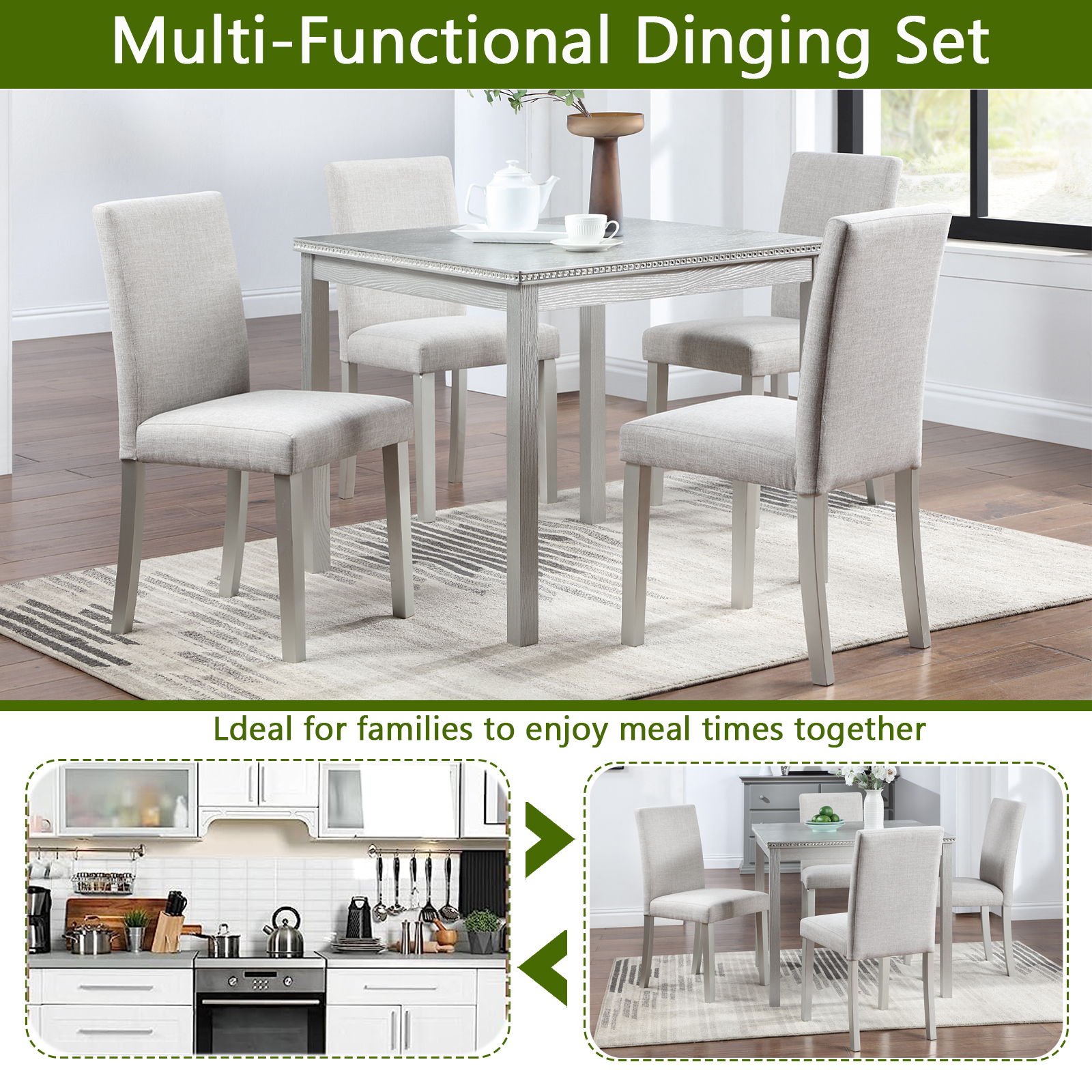 5 Piece Wooden Dining Table Set, Kitchen Table Set with a Square Table and 4 Upholstered Chairs, Wooden Dining Room Table with Crystal Decoration and Chairs Set for Kitchen, Dining Room, Gray