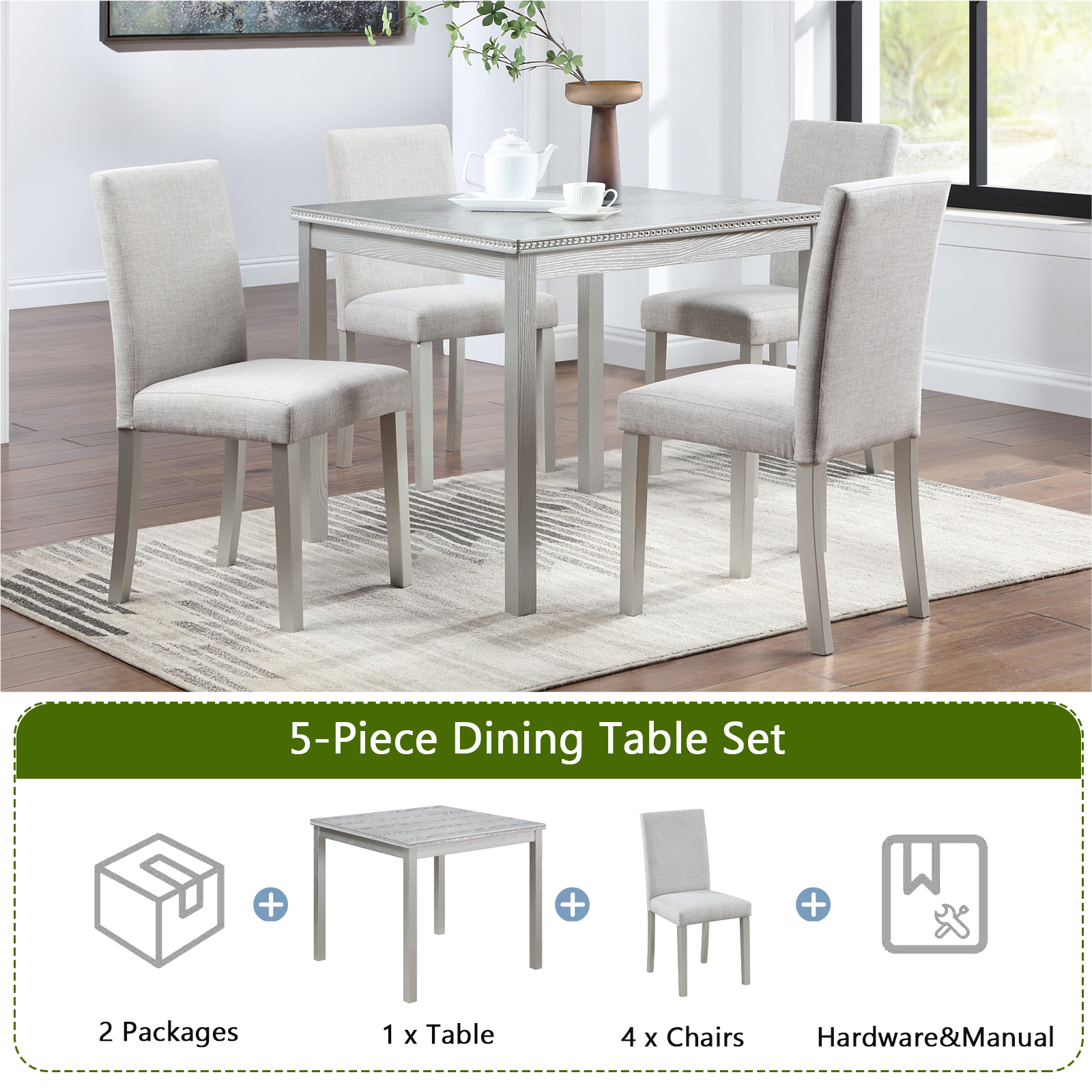 5 Piece Wooden Dining Table Set, Kitchen Table Set with a Square Table and 4 Upholstered Chairs, Wooden Dining Room Table with Crystal Decoration and Chairs Set for Kitchen, Dining Room, Gray