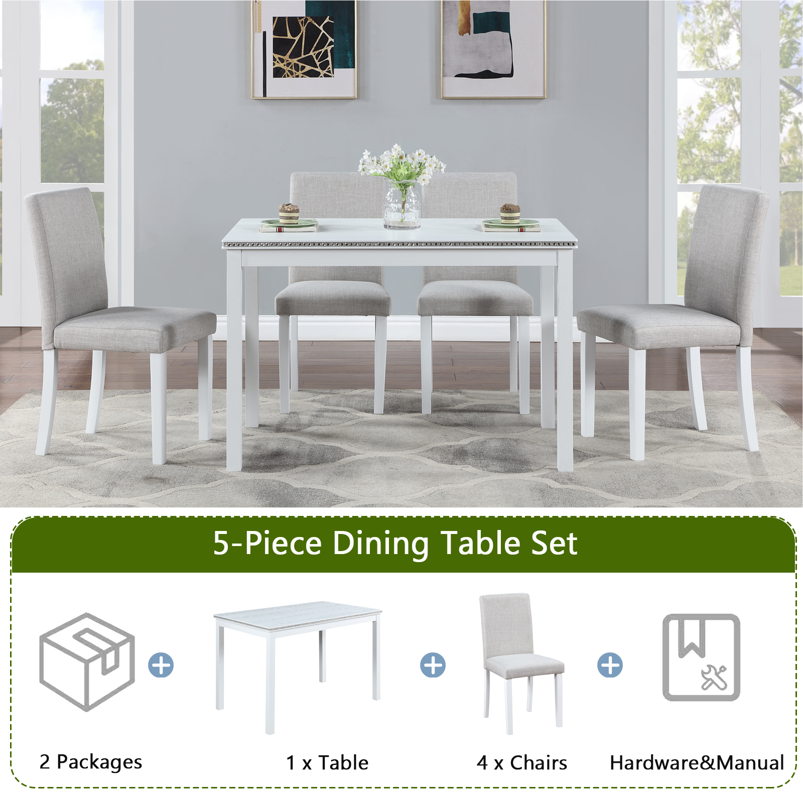 5 Piece Wooden Dining Table Set, Kitchen Table Set with a Rectangular Table and 4 Upholstered Chairs, Wooden Dining Room Table with Crystal Decoration and Chairs Set for Kitchen, Dining Room, White