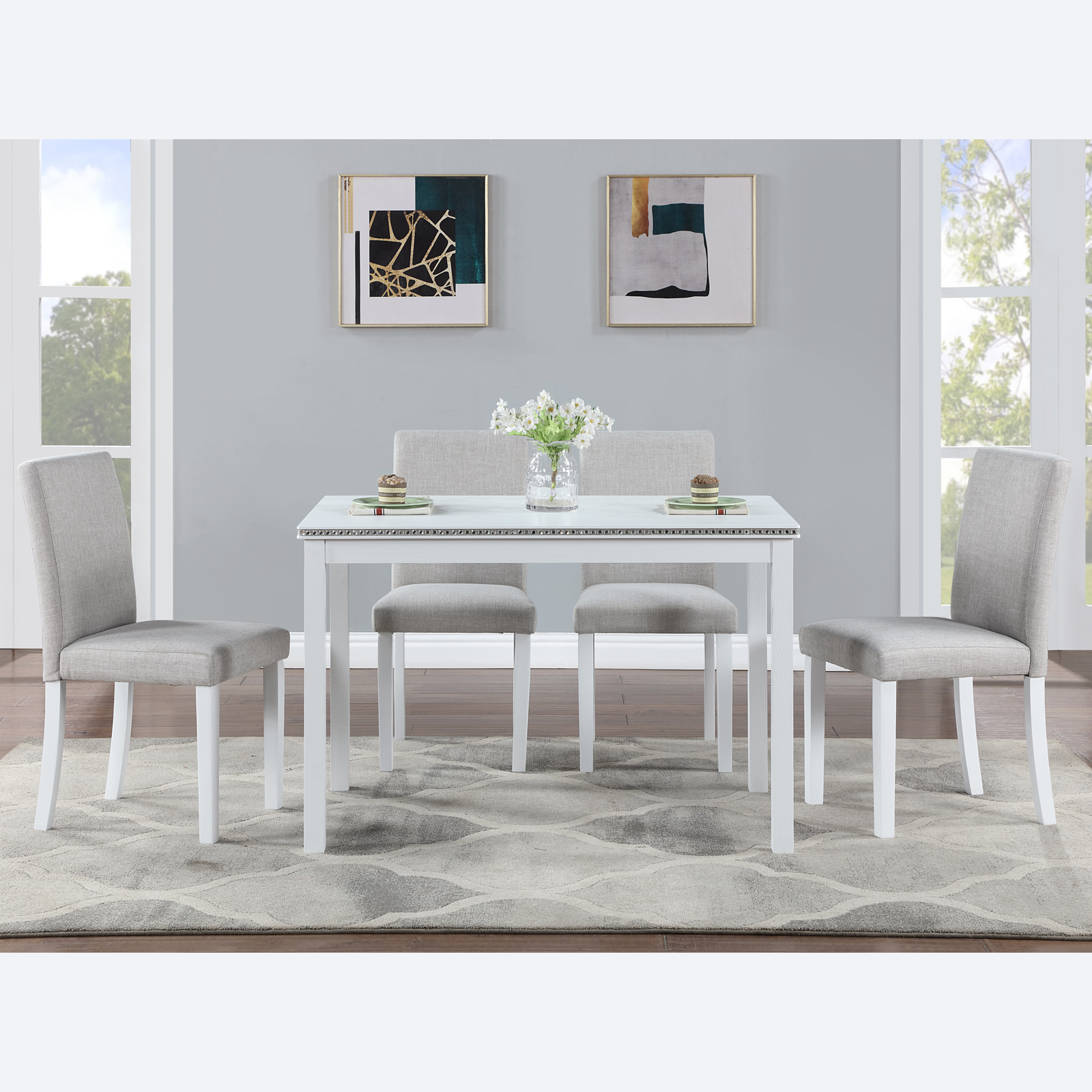 5 Piece Wooden Dining Table Set, Kitchen Table Set with a Rectangular Table and 4 Upholstered Chairs, Wooden Dining Room Table with Crystal Decoration and Chairs Set for Kitchen, Dining Room, White