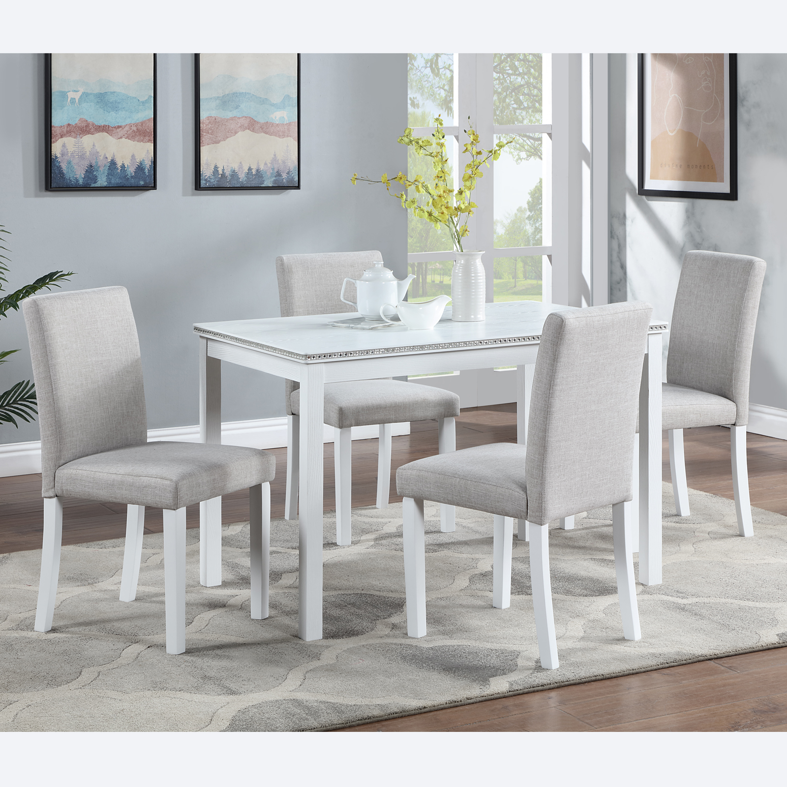 5 Piece Wooden Dining Table Set, Kitchen Table Set with a Rectangular Table and 4 Upholstered Chairs, Wooden Dining Room Table with Crystal Decoration and Chairs Set for Kitchen, Dining Room, White