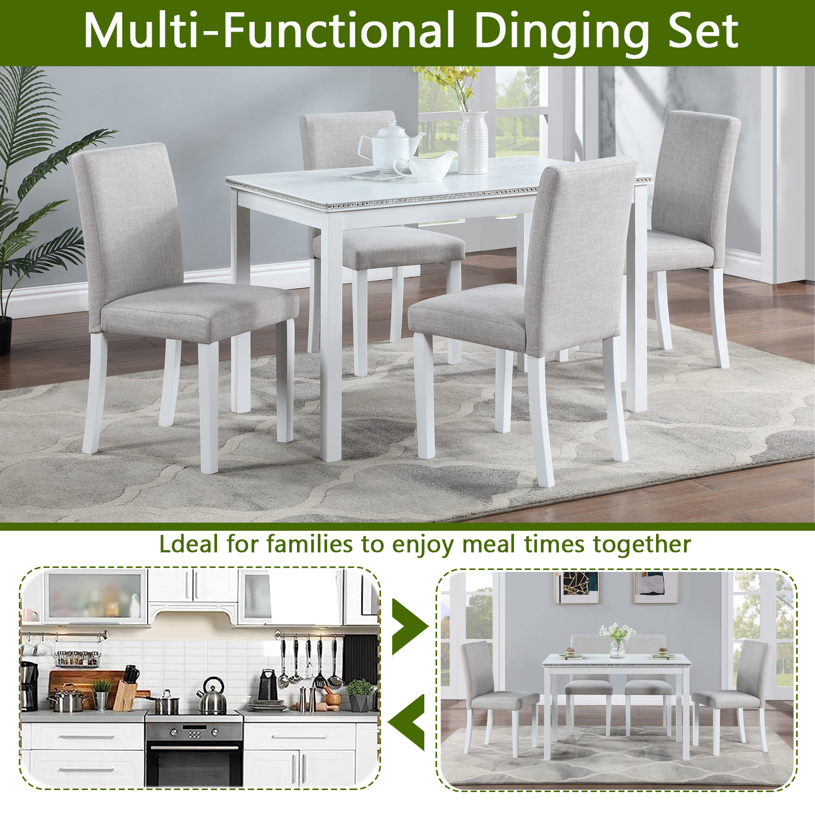 5 Piece Wooden Dining Table Set, Kitchen Table Set with a Rectangular Table and 4 Upholstered Chairs, Wooden Dining Room Table with Crystal Decoration and Chairs Set for Kitchen, Dining Room, White