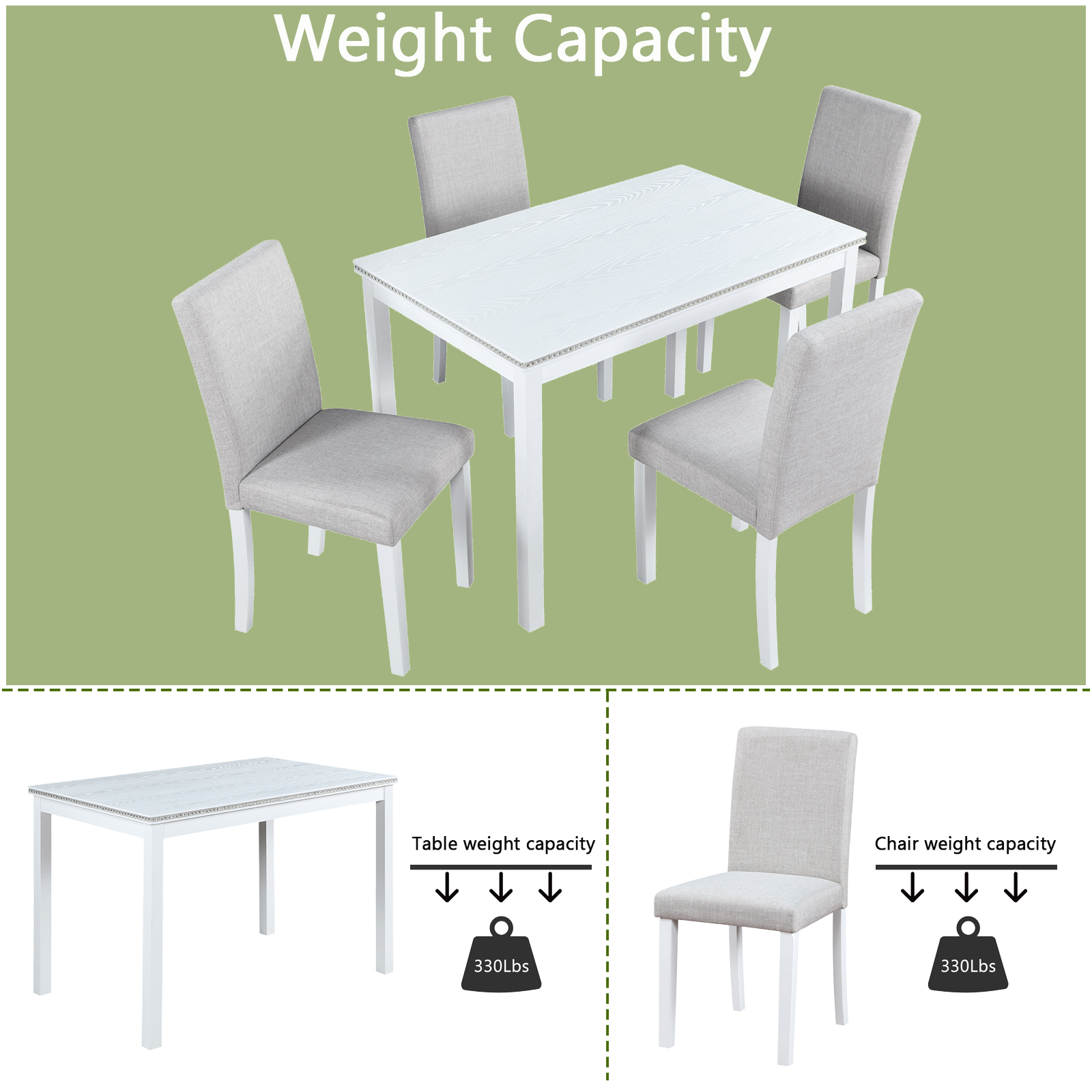 5 Piece Wooden Dining Table Set, Kitchen Table Set with a Rectangular Table and 4 Upholstered Chairs, Wooden Dining Room Table with Crystal Decoration and Chairs Set for Kitchen, Dining Room, White