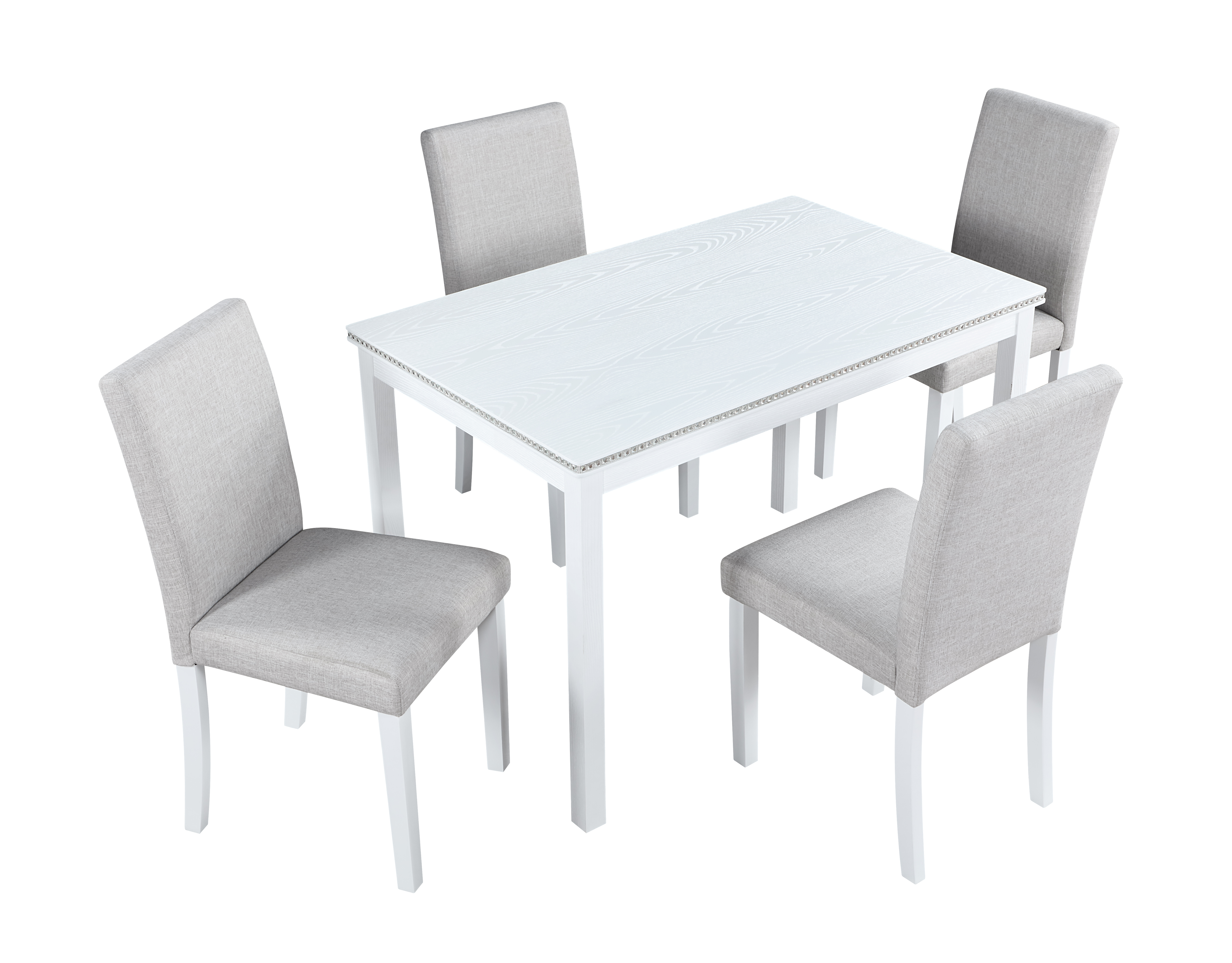 5 Piece Wooden Dining Table Set, Kitchen Table Set with a Rectangular Table and 4 Upholstered Chairs, Wooden Dining Room Table with Crystal Decoration and Chairs Set for Kitchen, Dining Room, White