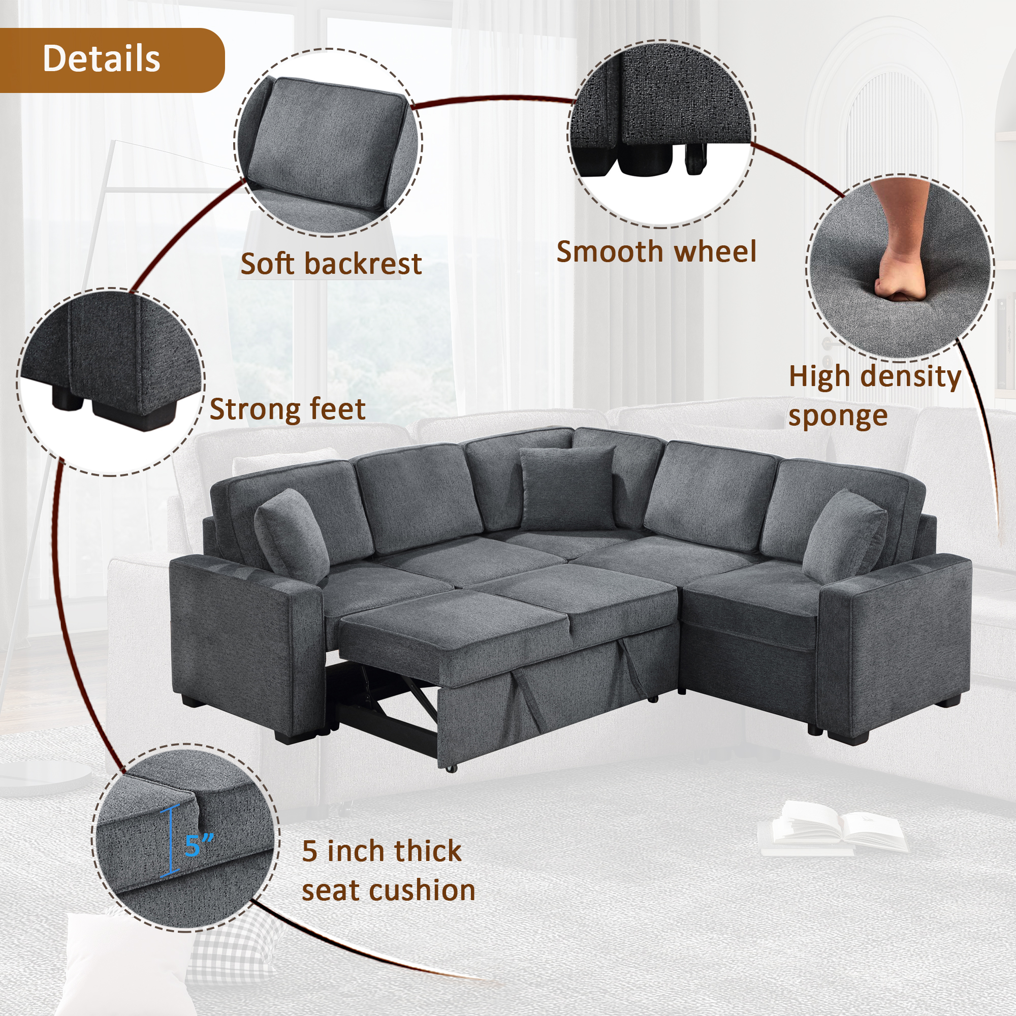 Modular Sofa, Sectional Couch L Shaped Sofa Couch with Pullout Sleeper, 5 Seat Chenille Corner Sofa for Living Room, 3 Pillows Included, Dark Gray